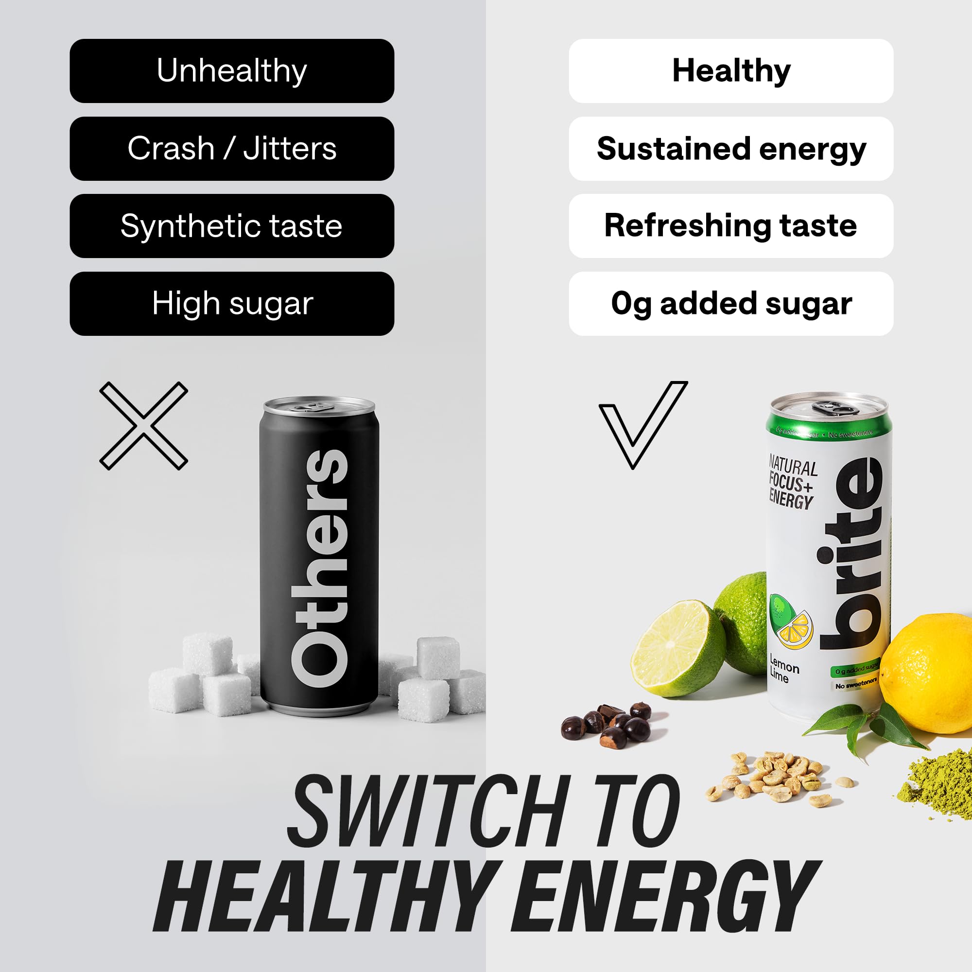 Brite Natural Focus. Boisson énergisante et alternative au café pour améliorer la productivité. À base de plantes, faible en calories, végétalienne, sans gluten. Mix 12 x 330 ml.