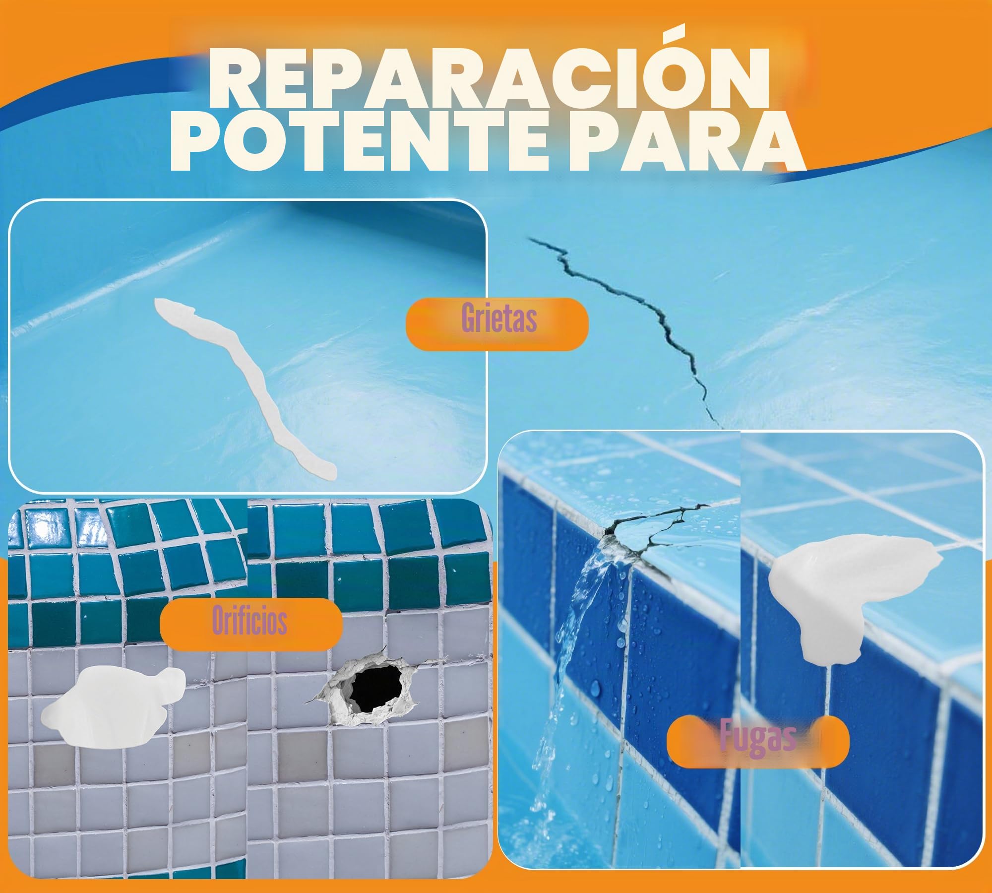 Masilla Epoxi Blanca 340g, Masilla Reparación Piscina Bicomponente, Adhiere, Repara Fugas, Grietas y Agujeros en el Agua o en Seco, para Azulejos, Hormigón, Madera, Metal, Cerámica, Vidrio y Acrílico
