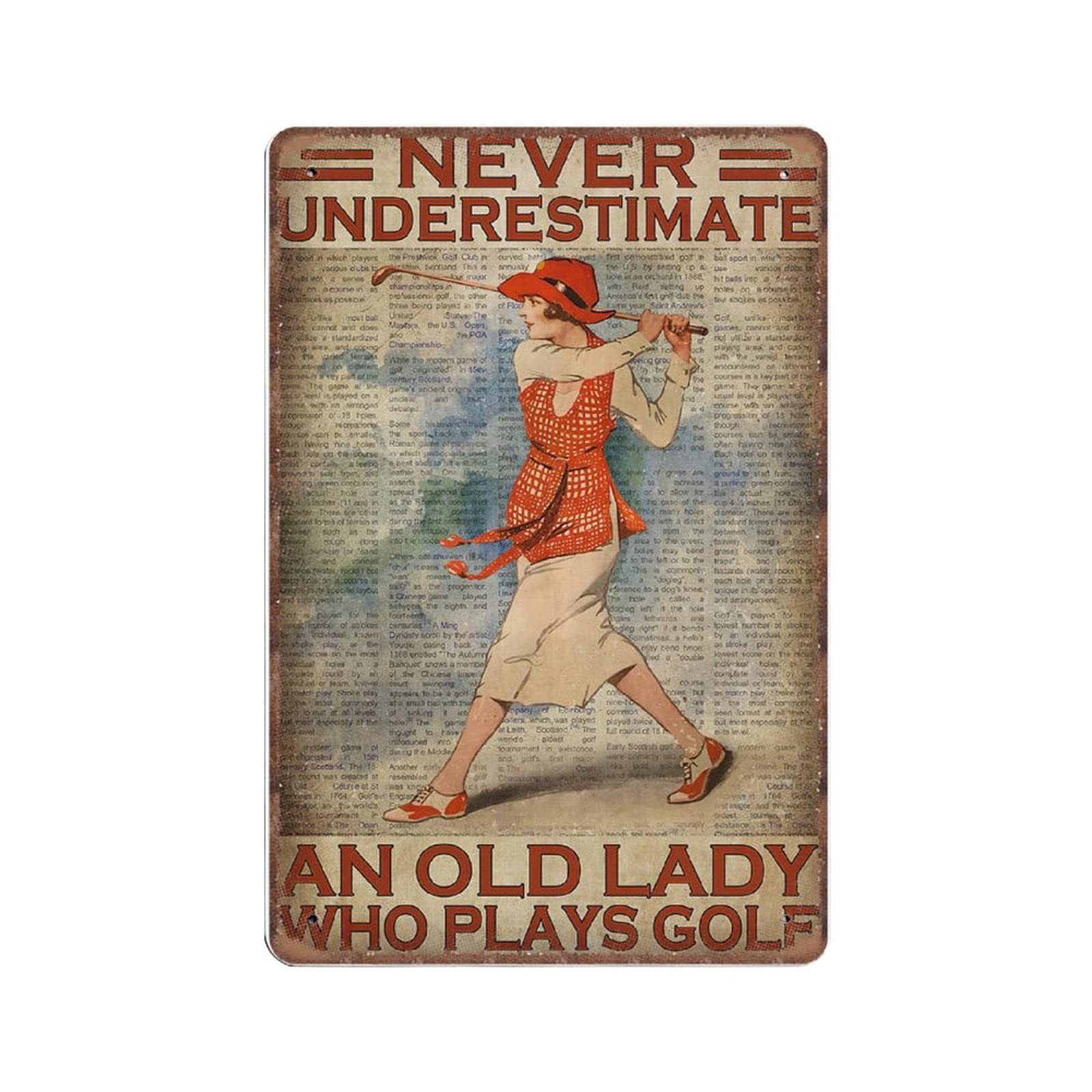 Dreacoss Material_tin 6 Never Underestimate An Old Lady Who Plays Golf Tin Signs, Woman Golf Gift, Golf Art, Funny Metal Sign Vintage Wall Art For Kitchen Garden Bathroom Farm Home Decor Tin Sign, 20X30 Cm