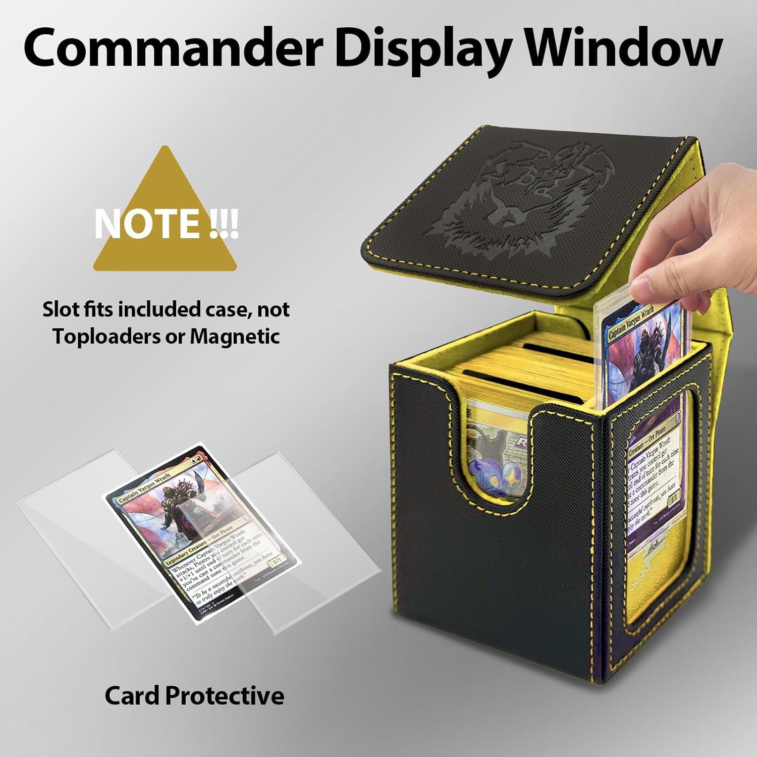 MTG Deck Box with Commander Display,Magnetic Card Storage Box Fits 100 Double Sleeved Cards,with 2 Dividers And 1 Mini Snap Card Holder Black/Yellow