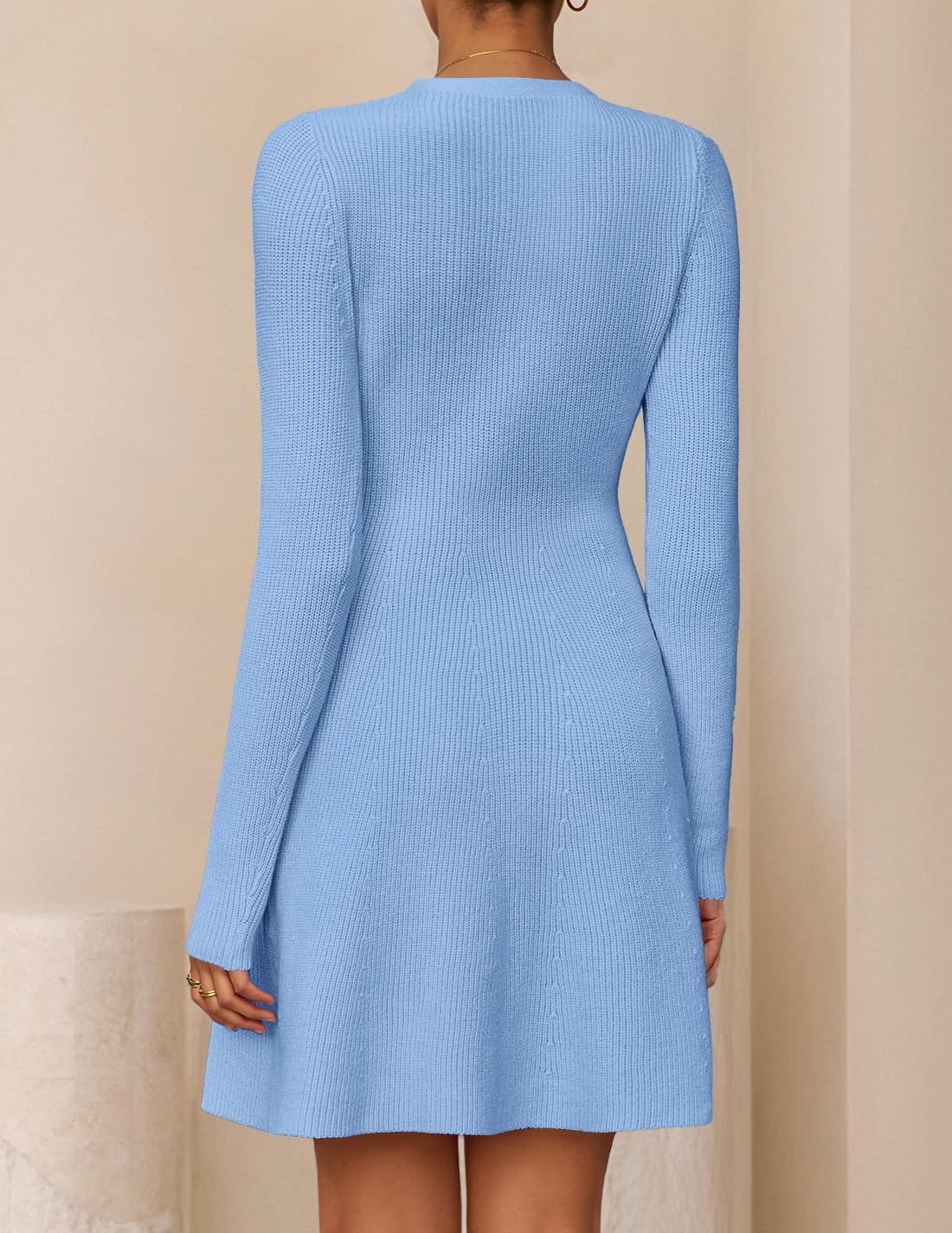 ZESICA Women's Fall Long Sleeve Sweater Dress 2026 Casual V Neck Button Ribbed Knit A Line Swing Mini Dresses - Image 3