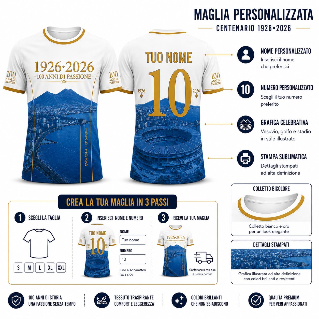 Fupies Maglia Calcio Personalizzata Celebrativa 100 Anni Napoli - Nome e Numero Personalizzabili - T-Shirt Sportiva Uomo - Idea Regalo Tifoso Napoletano