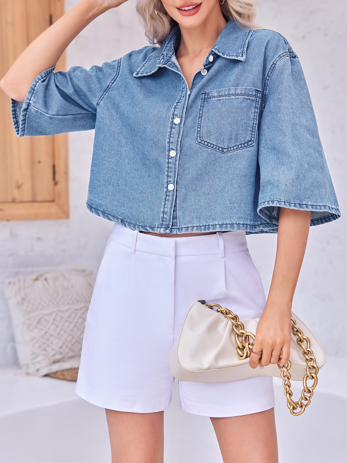 Tankaneo Kurze Jeansjacke für Damen, halblange Ärmel, Knopfleiste, kurze Jeansjacke mit Tasche