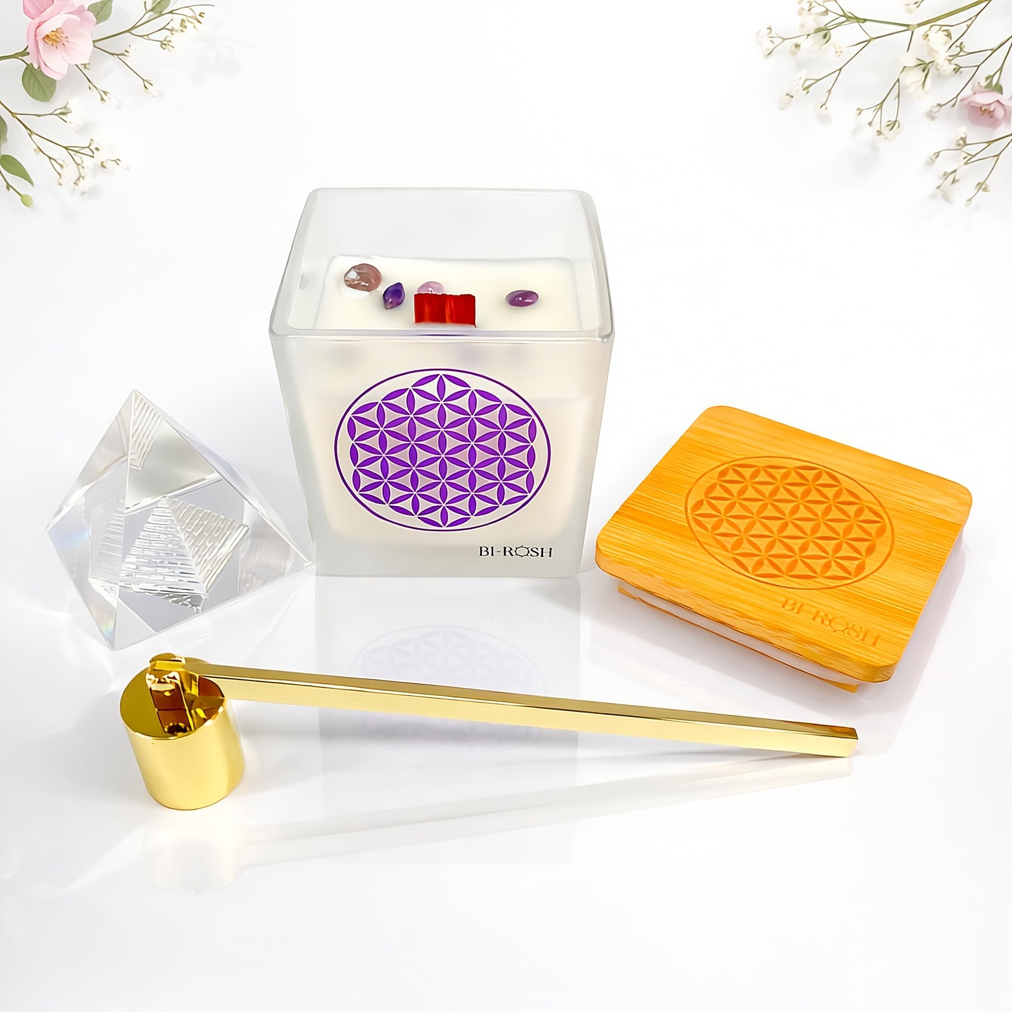 Wooden Wick Soy Candle Unscented | Natural Crackling Candle Set with Crystal Pyramid and Snuffer | Up to 45 Hours Burn Time