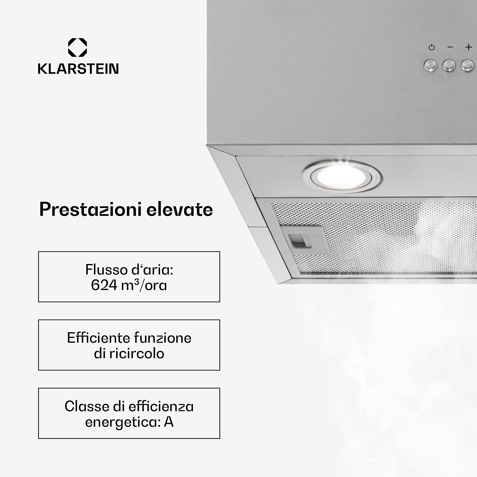 Klarstein Cappa Isola Sospesa, con Timer, Flusso d'Aria di 641m³/h, Cappa Sospesa per Isola Cucina con 3 Modalità e Filtri Antigrasso, Cappa Isola Sottopensile con Filtri a Carboni Attivi
