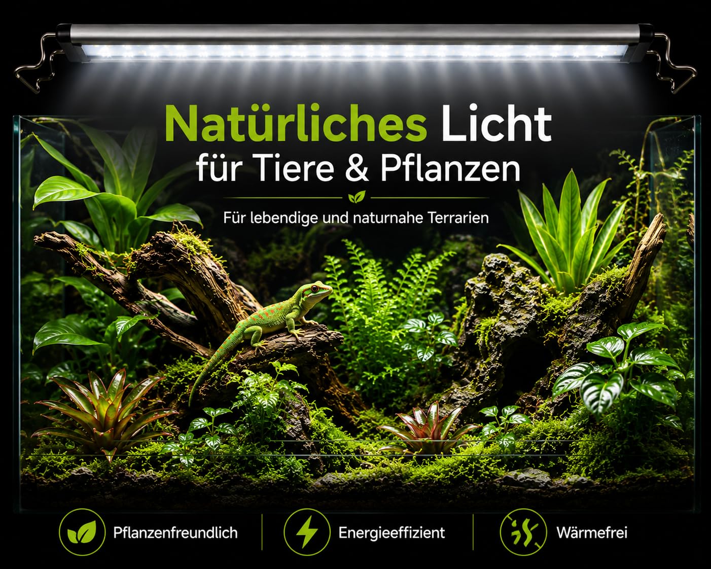 Happet TerraLED Terrarium Beleuchtung 23W 3000 lm 8000K, LED Terrarienlampe für Reptilien & Vivarien, Pflanzenlicht, Aufsatzleuchte, Tageslichtlampe, LED Lichtleiste für 76–99 cm Terrarien