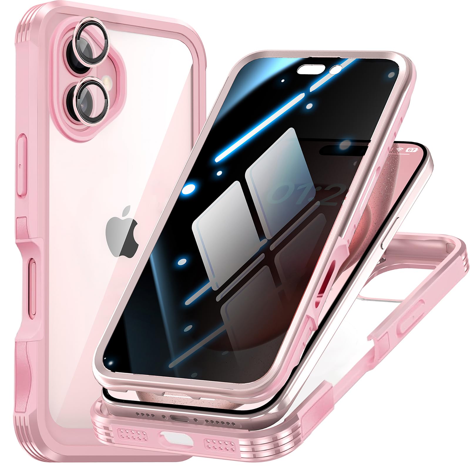 OMGZONE Privacy Case for iPhone 16 Plus,Shockproof Bumper Cover built-in Privacy Screen Protector and Camera Lens Protector,360 Degree Full Body Case for iPhone 16 Plus,Pink