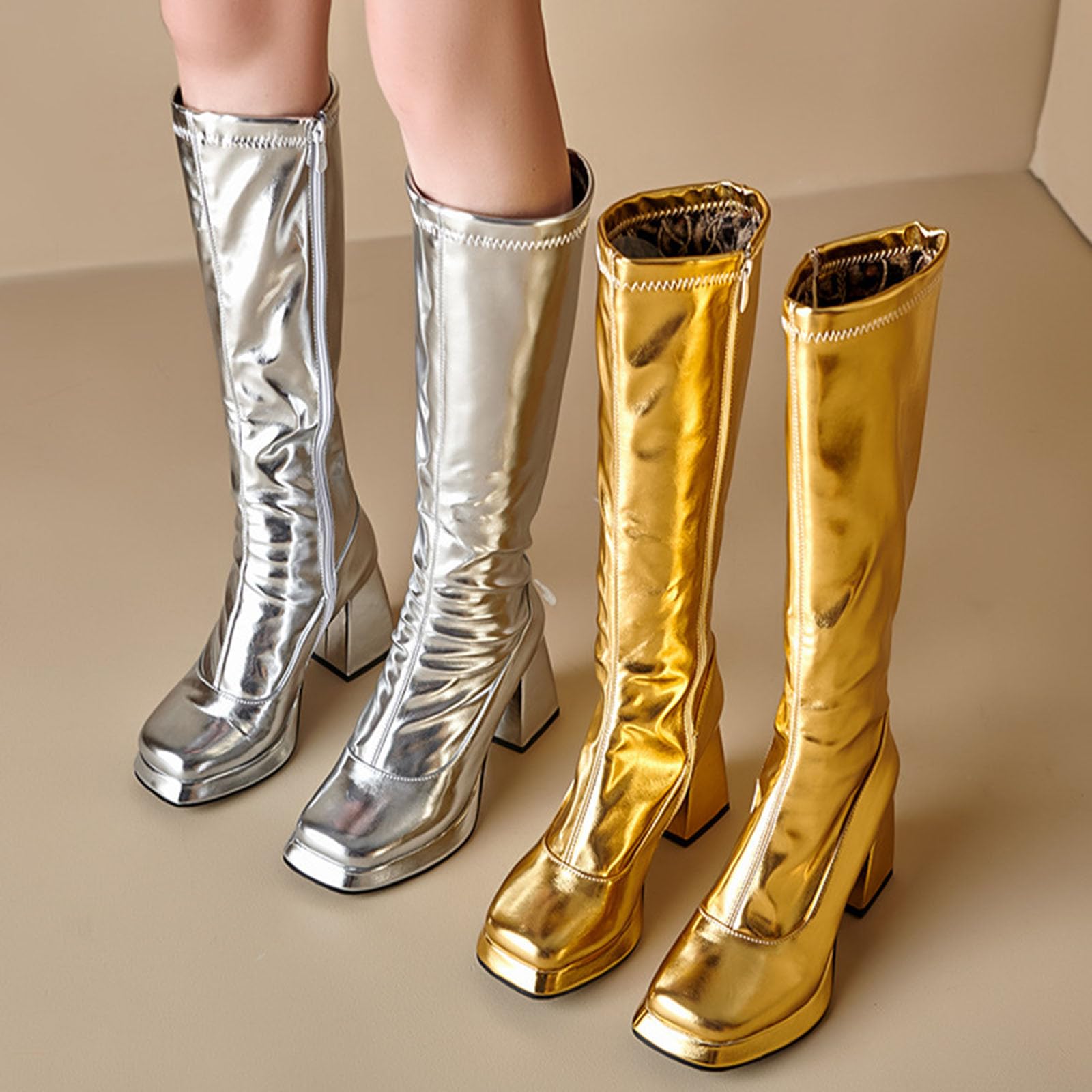 Bottes de Pluie Femme Cuir Verni Métallique Deguisement Disco Femme Couvre-chaussures Chaussures Mode et Sport pour Femmes Confort Chic Et Confortable Botte Equitation