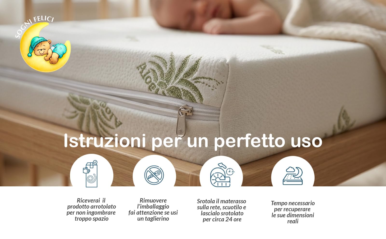 Materasso per Lettino Neonato 60x120 cm Spessore 10 cm con Cuscino – Rivestimento Aloe Vera Antiacaro, Traspirante e Lavabile antisoffocamento OEKO-TEX Standard 100 e CertiPUR