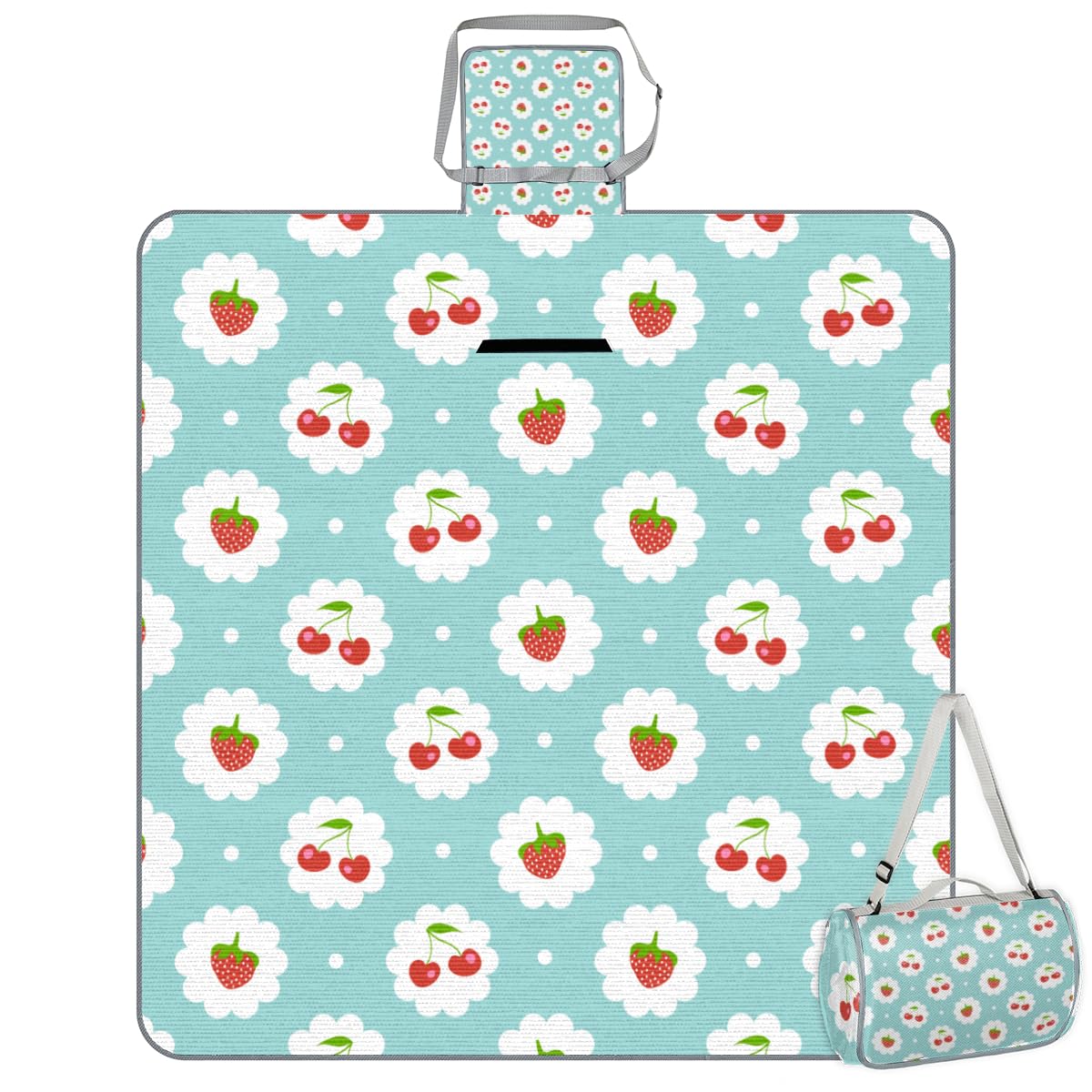 Shimoshe Picnic Blankets 57”x 59”, Strawberries Cherries On Blue Background Waterproof Sandproof Picnic Mat Lightweight Foldable Beach Blanket for Camping Park Grass Beach Outdoor Blanket
