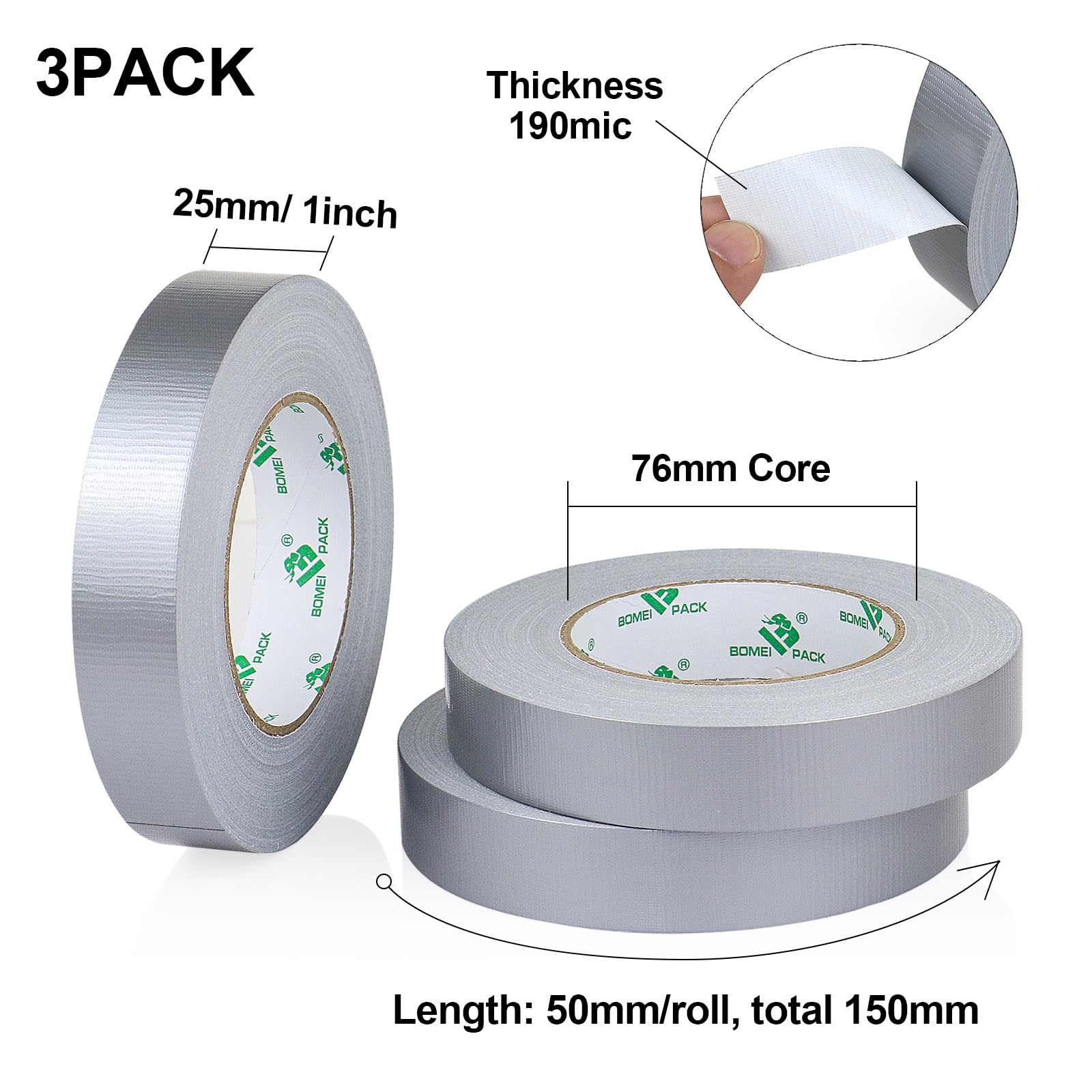 BOMEI PACK 3 Rolls Silver Duct Tape 1 inch Reinforced Strong Sticky Gaffer Tape 25mm x 50m Ducts Fixing Pipelines Repairing DIY Craft Labeling,Heavy Duty Objects Sealing - Image 2