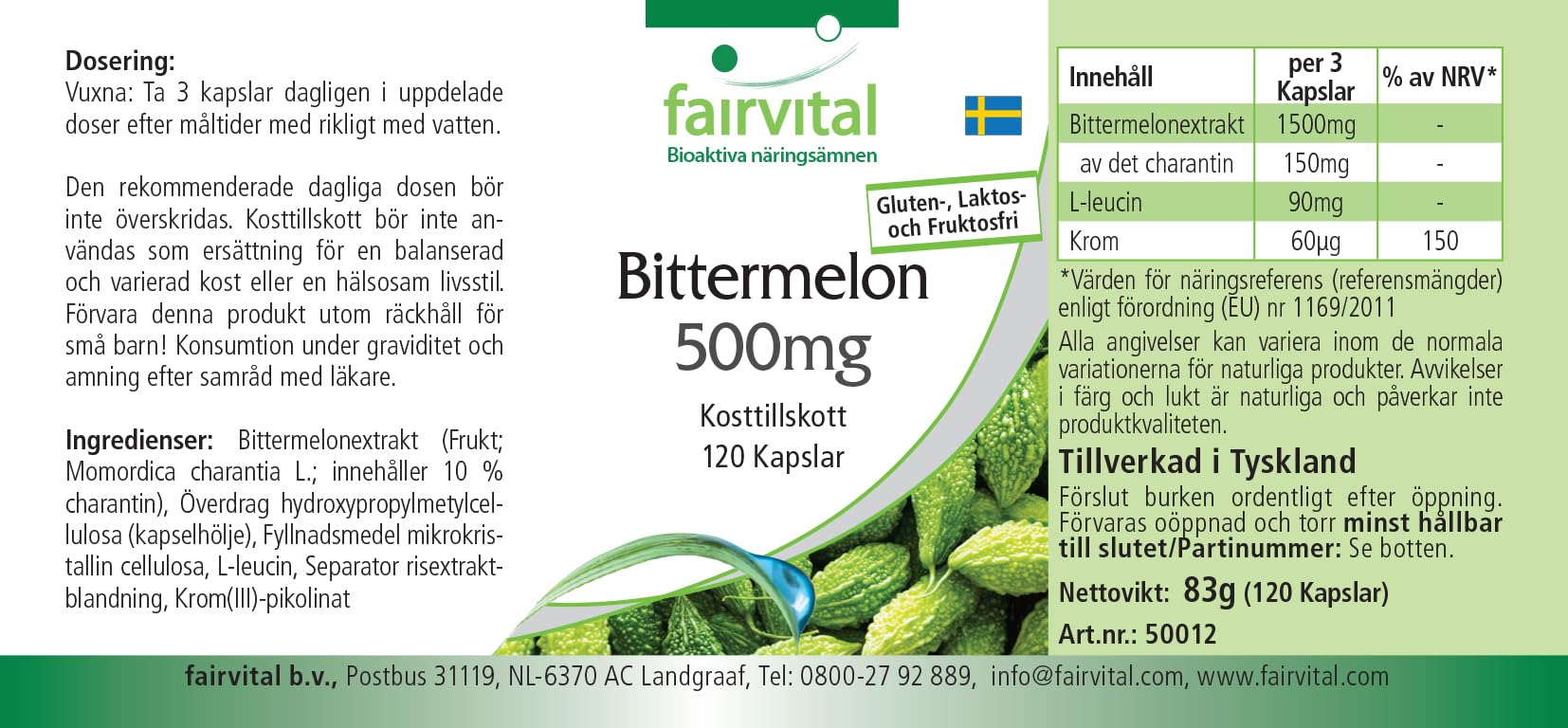 fairvital Melón amargo, 120 cápsulas, con 500mg de extracto de melón amargo y 20µg de cromo por cápsula, ALTA DOSIS, VEGANO, con un 10% de charantina