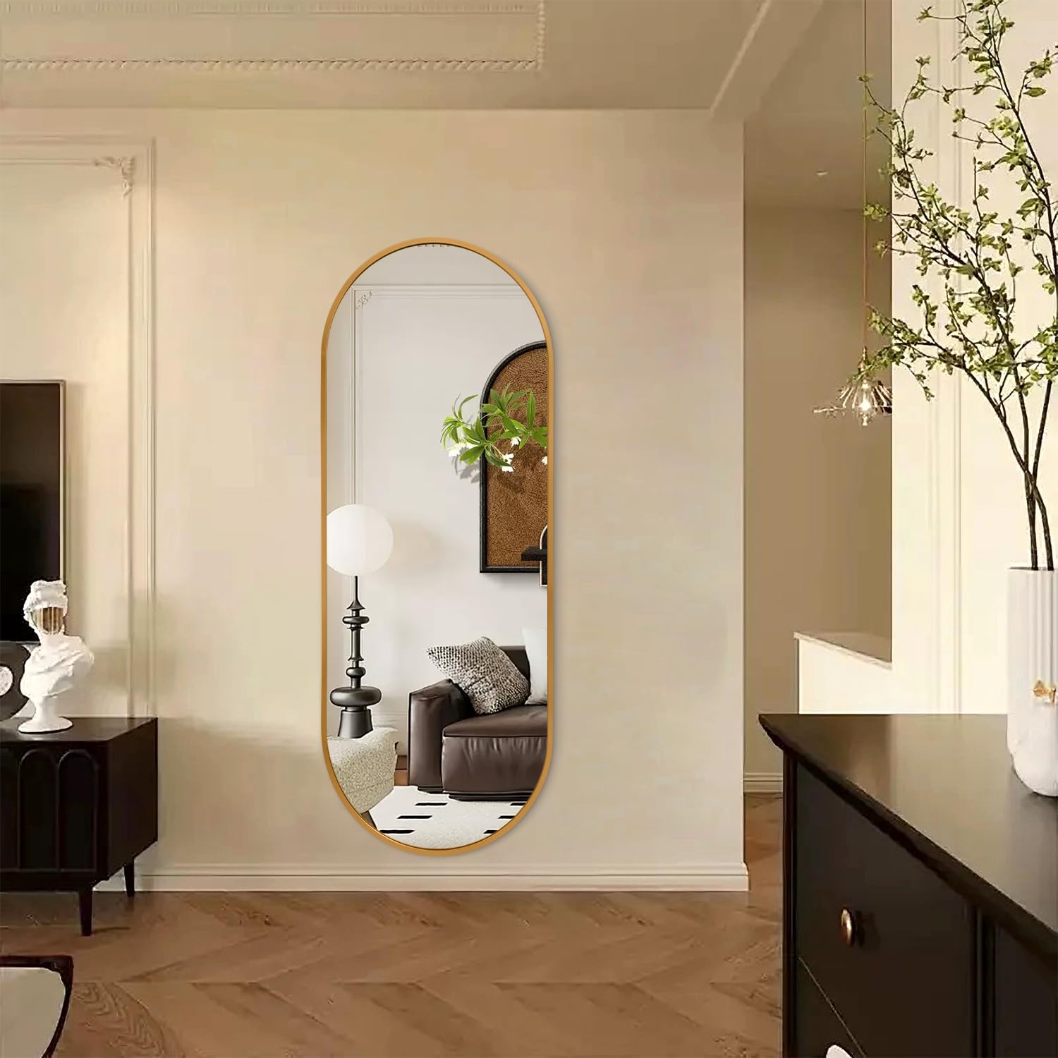 JJUUYOU Miroir de salle de bain ovale pleine longueur miroir mural en métal doré 120 x 60 cm encadré en alliage d'aluminium miroirs de chambre à coucher pour salon, entrée, dortoir et entrée