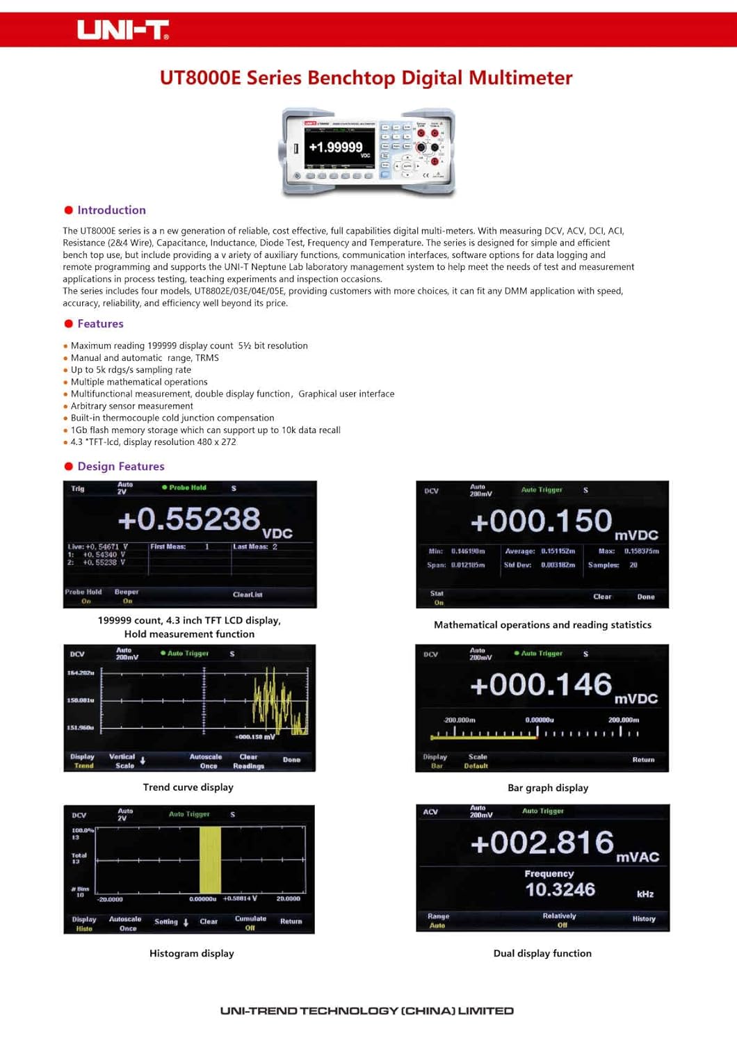 UNI-T UT8802E UT8803E UT8804E UT8805E Bench programmable Multimeter Ture RMS High Precision up to 200000 Counts 5 1/2 Multimeter 4.3 Inch （UT8802E）