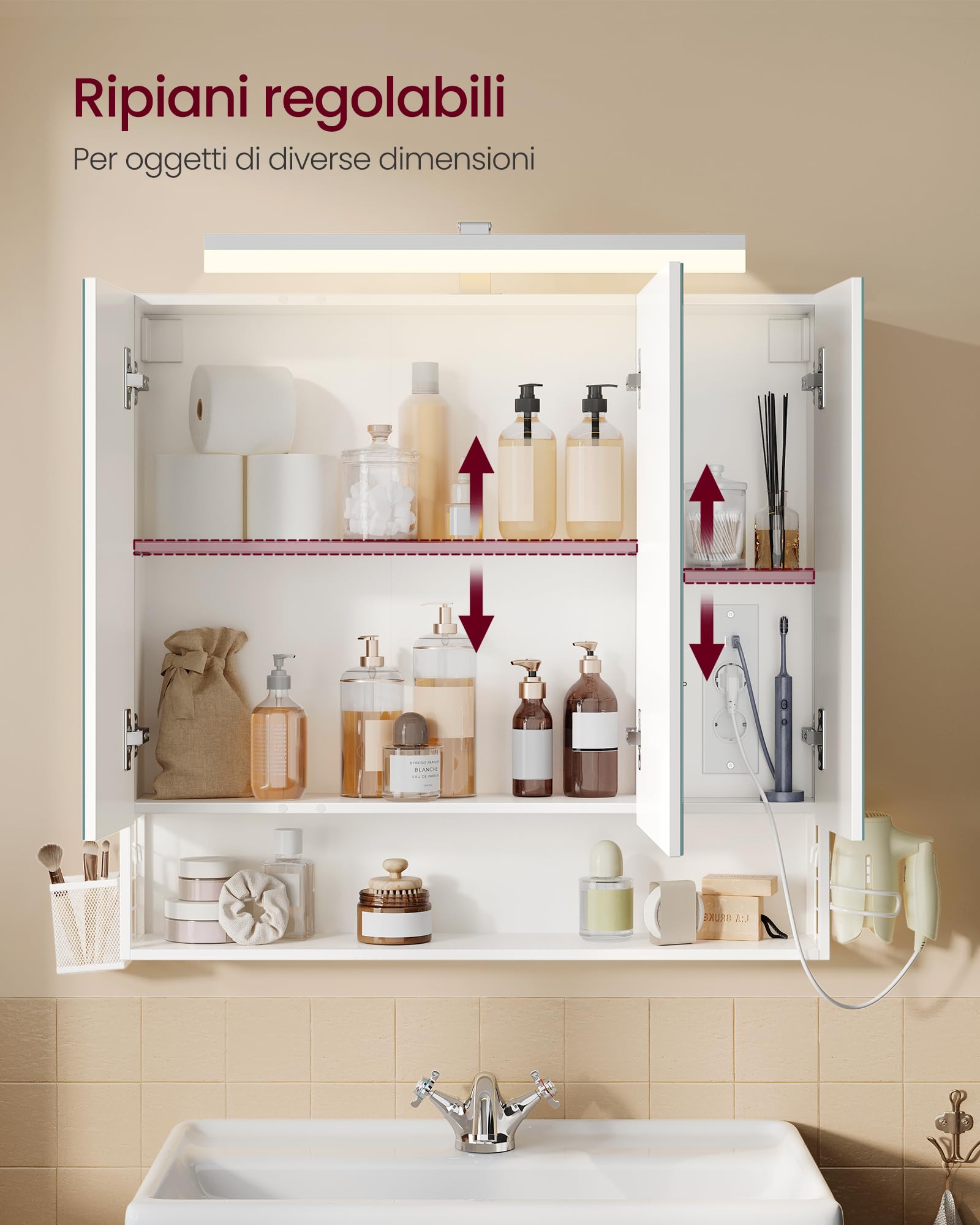 VASAGLE Specchio Bagno Contenitore con Luce, 3 Ante, Mobiletto da Appendere con Presa, 80 x 16,5 x 75 cm, Bianco, Armadietto Bagno Salvaspazio, Collezione DACEY BBK146WB01