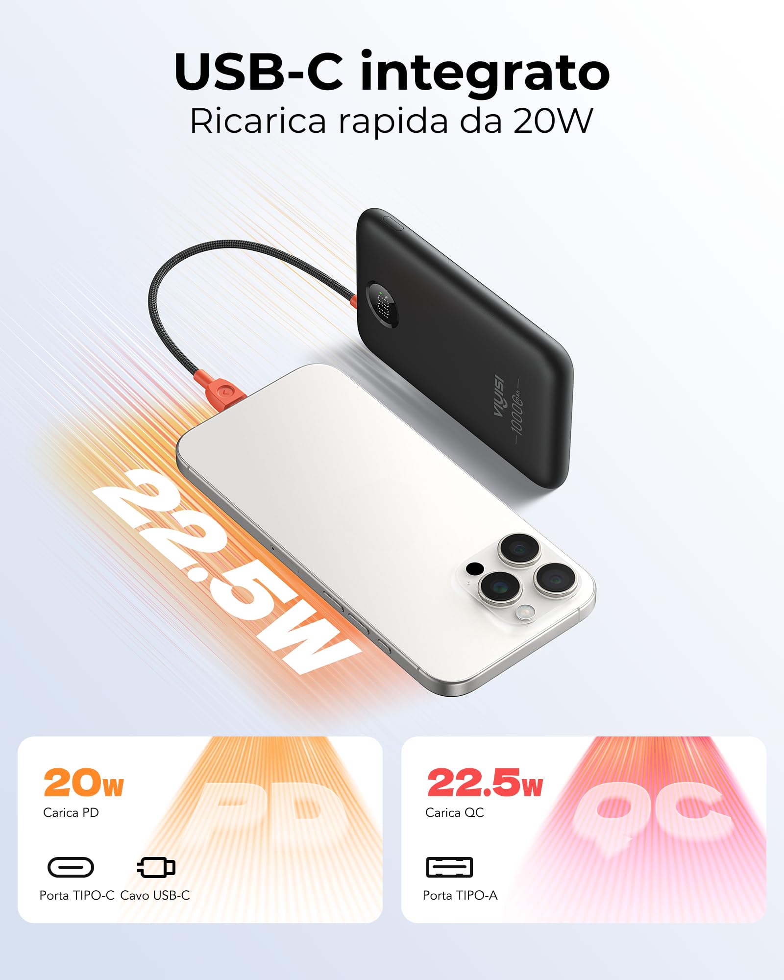 VIYISI Powerbank 10000mAh, Caricabatterie Portatile 22,5W, Batteria Esterna Ultracompatta con Cavo USB-C Integrato, Display LED, per iPhone 16/15, iPad, Samsung Galaxy S24 S23, Huawei - Nero