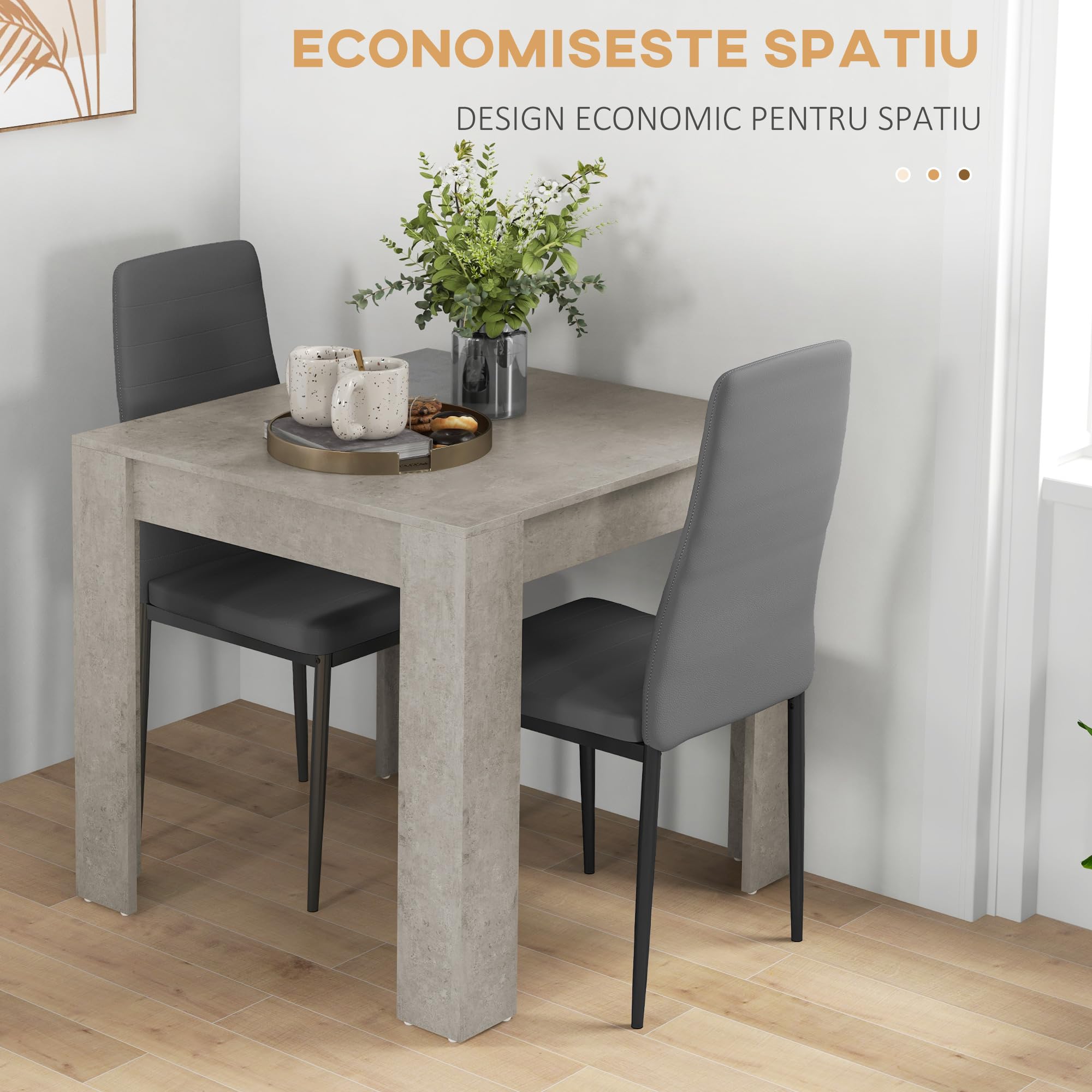 HOMCOM Set da Pranzo 3 Pezzi con Tavolo da Cucina 80x80x76 cm e 2 Sedie Moderne e Salvaspazio 41x50x97 cm, in MDF, Acciaio e Pelle PU, Grigio