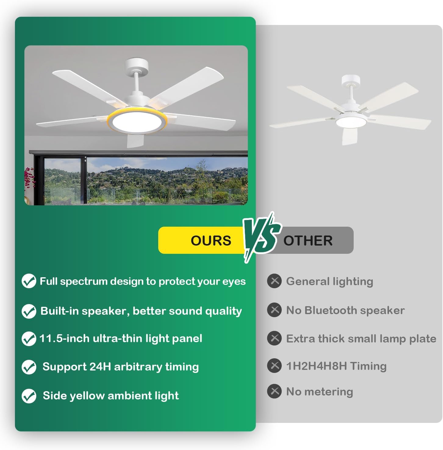 Diagram showing ceiling fan dimensions and reversible blade options (white and wood)