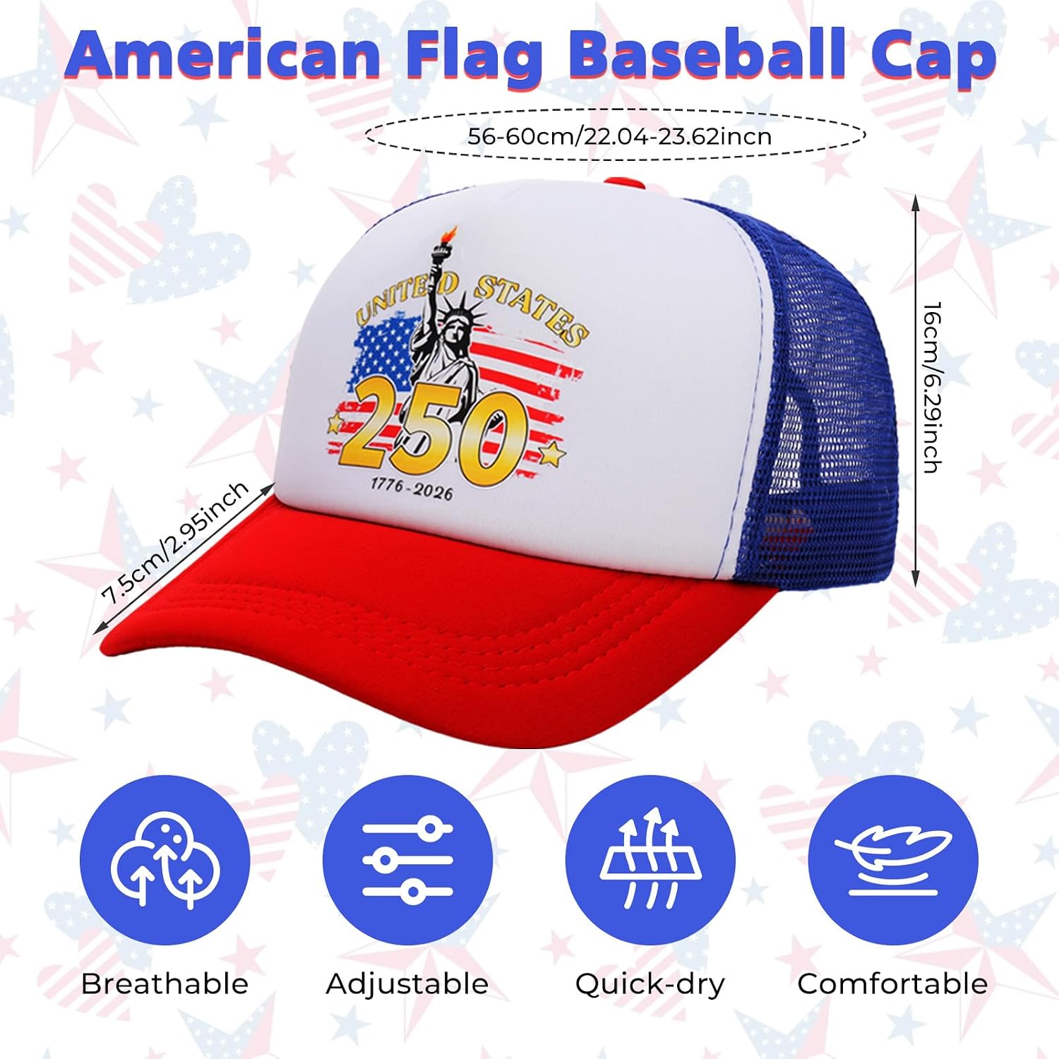 250th Anniversary Patriotic Trucker Hats Adjustable Mesh Baseball Caps for 4th of July Memorial Day