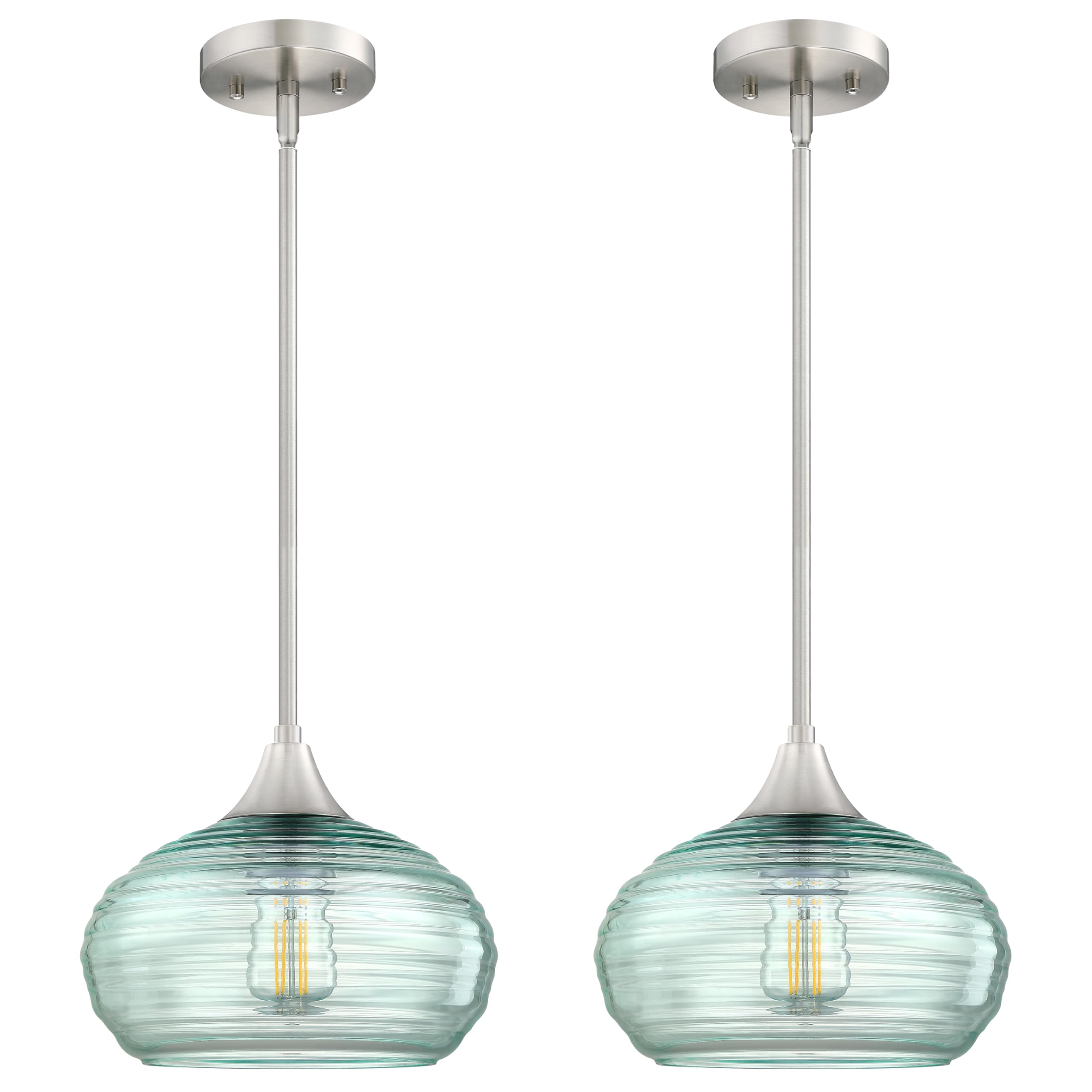 2 Pack 1 Light 8.7" Kitchen Island Hanging Pendant Light Farmhouse Dining Green Twisted Glass Shade Light Fixture,Brushed Nickel Finish for Living Room,Dining Room,Over Sink