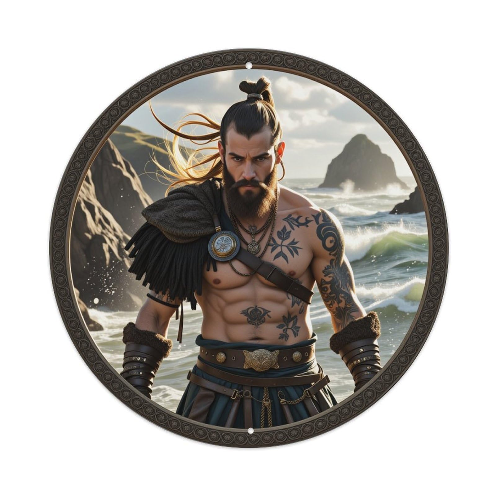 Tribal Tattoo Warrior Ocean Landscape Round Tin Sign Retro Metal Sign for Cafe Bar Pub Home Game Room Gym Club Wall Decoration Vintage Metal Poster 8x8 Inch