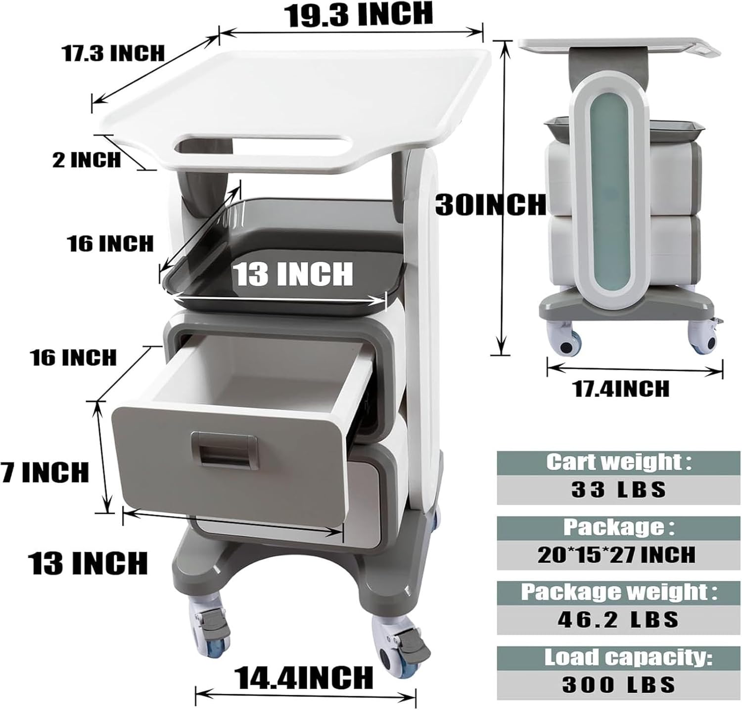 Medical Trolley Cart with Drawers, Hospital Ultrasound Cart, Rolling Bathroom Cart with Wheels and Trays, Beauty Salon Storage Cart for Estheticians, Mobile Utility Cart for Dental Clicnic, Lab