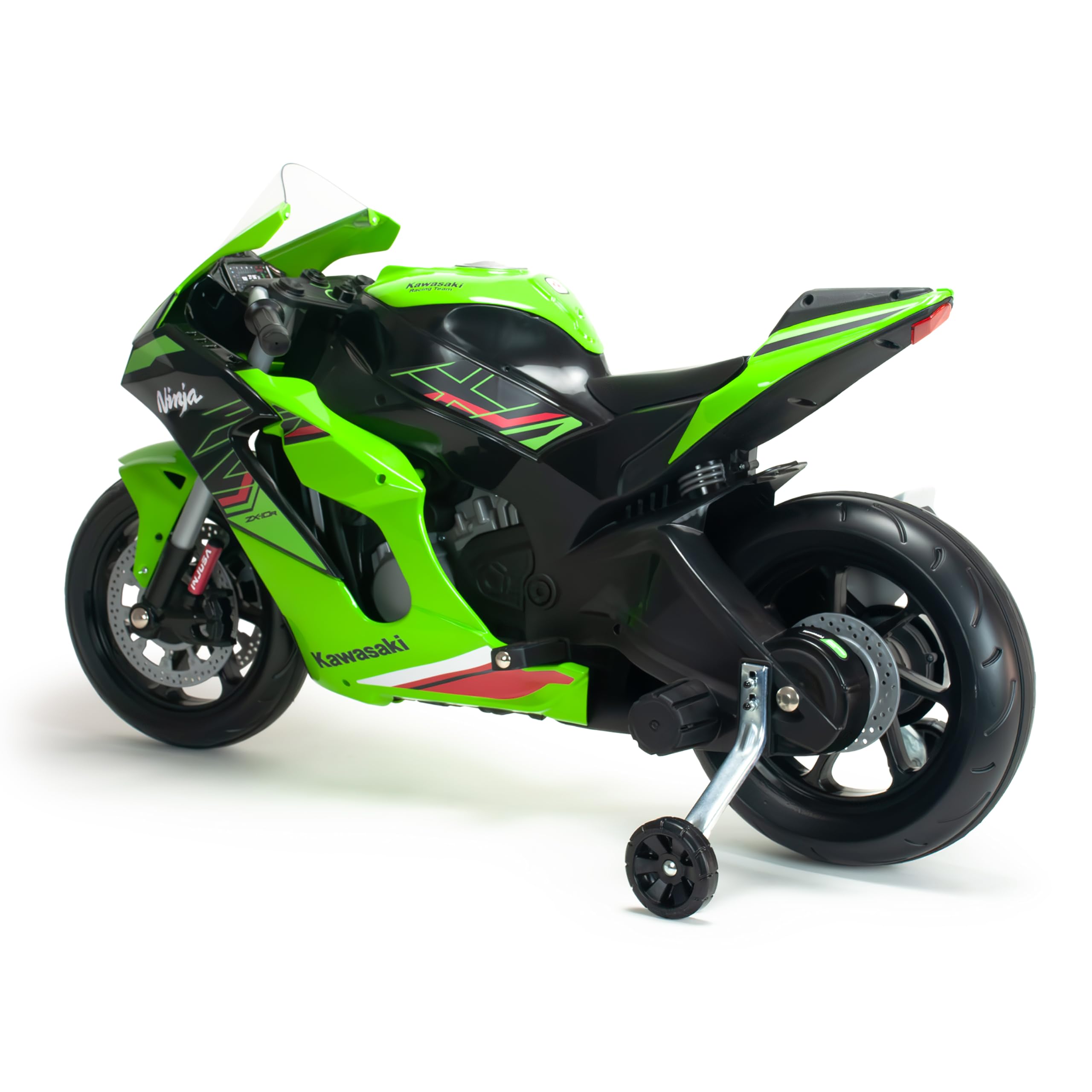 INJUSA Elektrisches Motorrad für Kinder 3-6 Jahre Kawasaki Ninja 12V - Laufzeit 2h - Lichter - Geräusche - MP3 - Stützräder - Handgas - 6 km/h - INJUSA