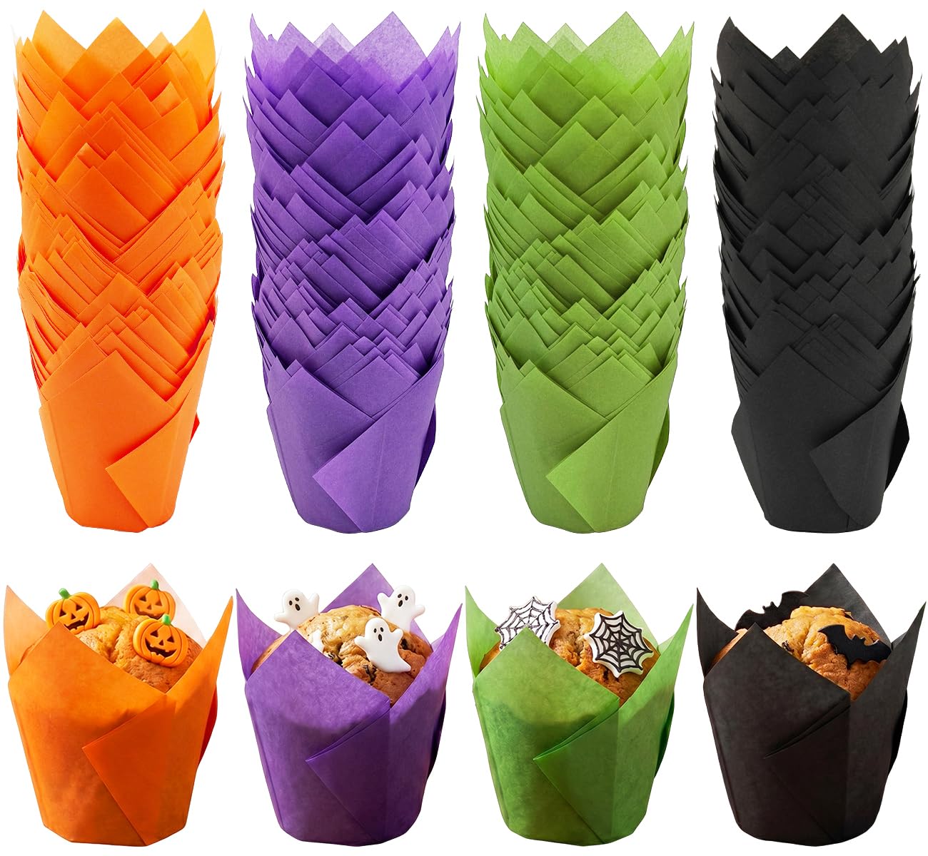 200 Pieces Tulip Cupcake Muffin Liners Greaseproof Paper Baking Cups Cupcake Wrappers for Halloween Party Birthday Wedding Baby Showers Catering (Black/Green/Orange/Purple)