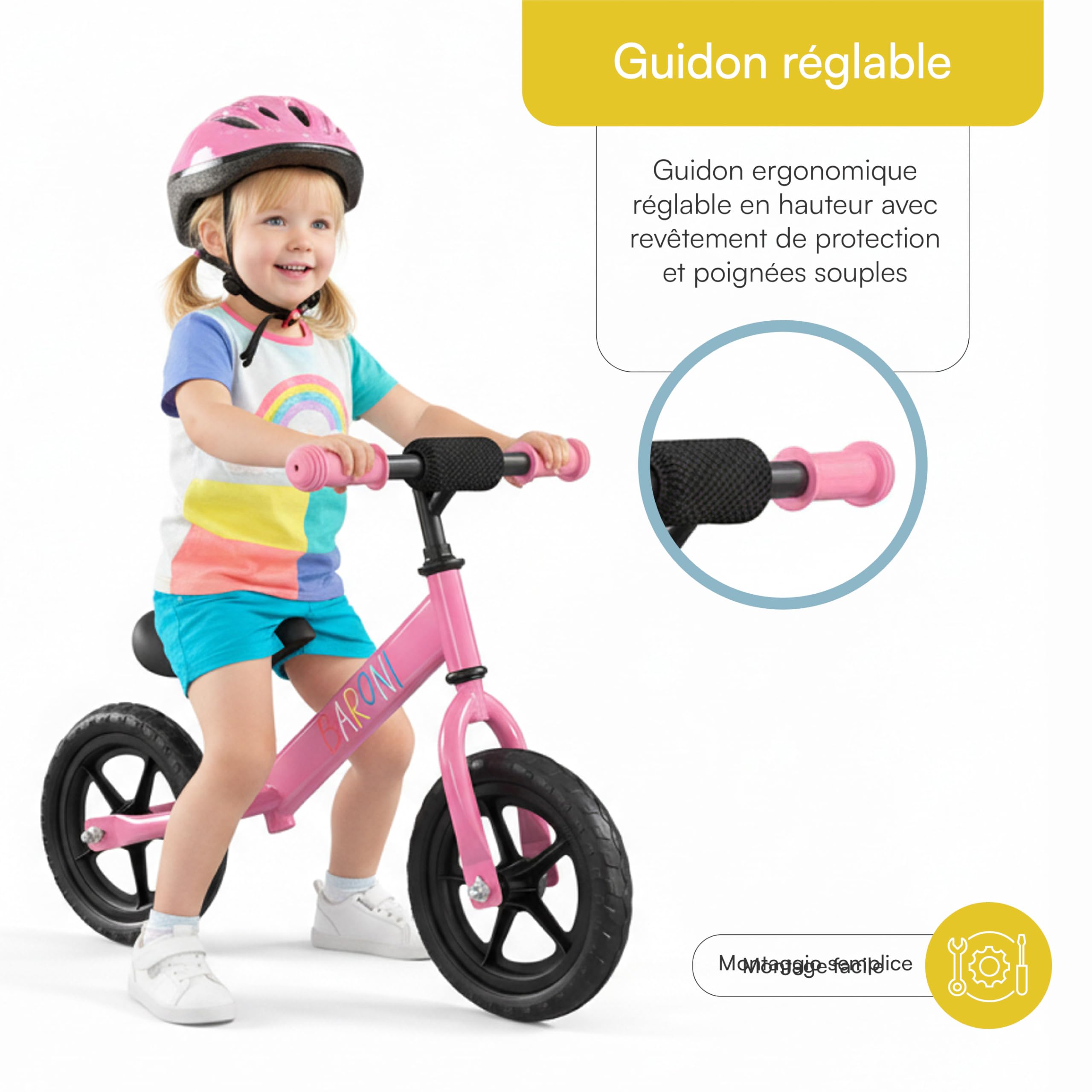 Baroni Toys Vélo sans pédales pour enfants à partir de 3 ans, Balanced Bike avec guidon et selle réglables, roues gazeuses antidérapantes, portée 45 kg, idéal pour l'équilibre et la coordination