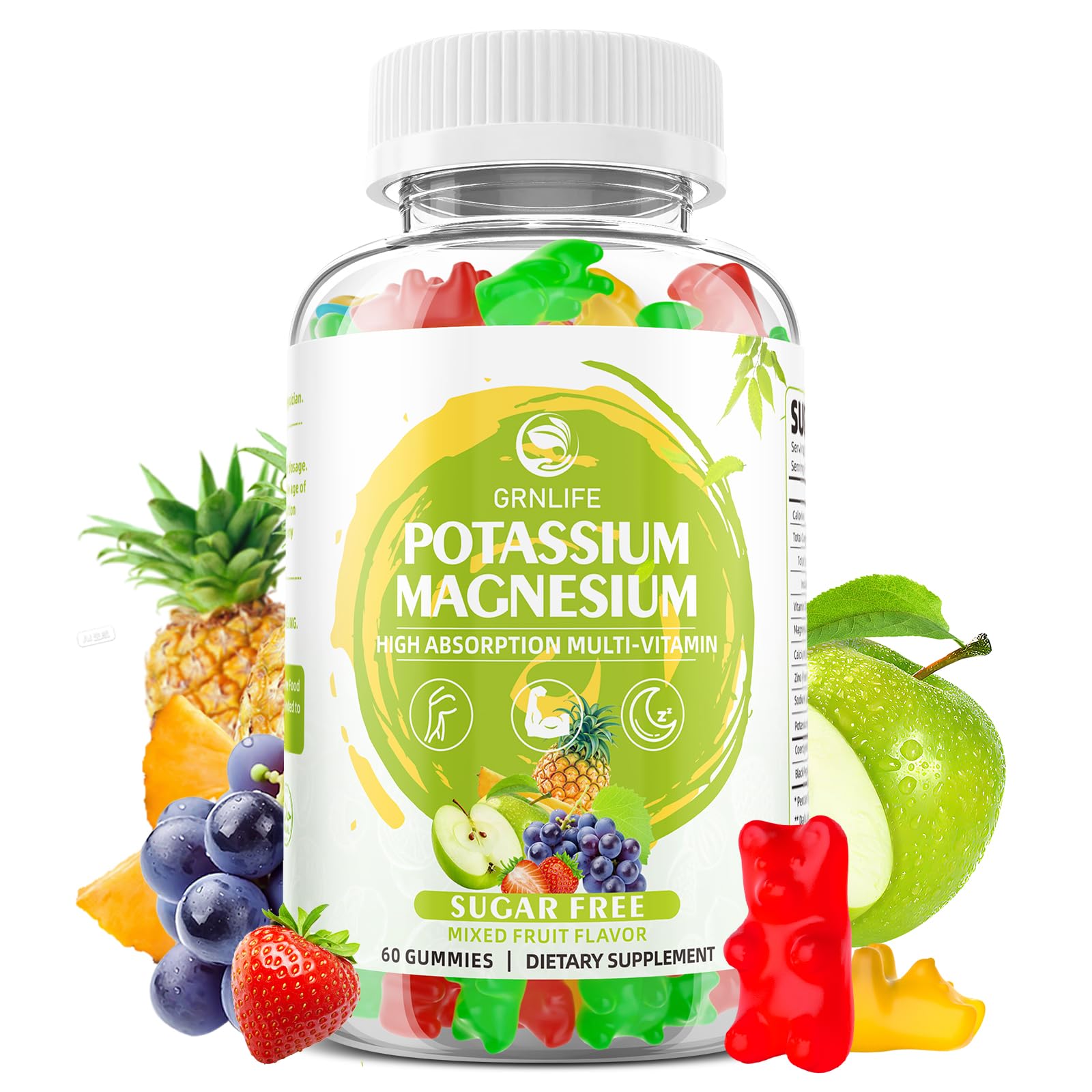 Potassium Magnesium Supplement Gummies, Potassium Gummies for Adults Kids, High Absorption Magnesium Glycinate for Leg Cramps & Immune Health, Sugar-Free, Vegan Mixed Flavors, 60 Count Mixed Flavors 60 Count (Pack of 1)