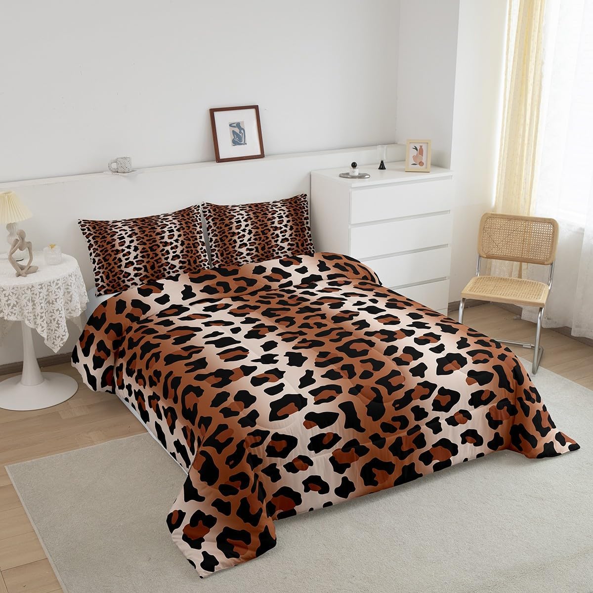Feelyou Kids Brown Leopard Comforter Set Full Size Modern Ombre Effects Duvet Quilt for Boys Girls Teens Cheetah Bedding Set Breathable Soft Lightweight Microfiber Women Men with 2 Pillow Case