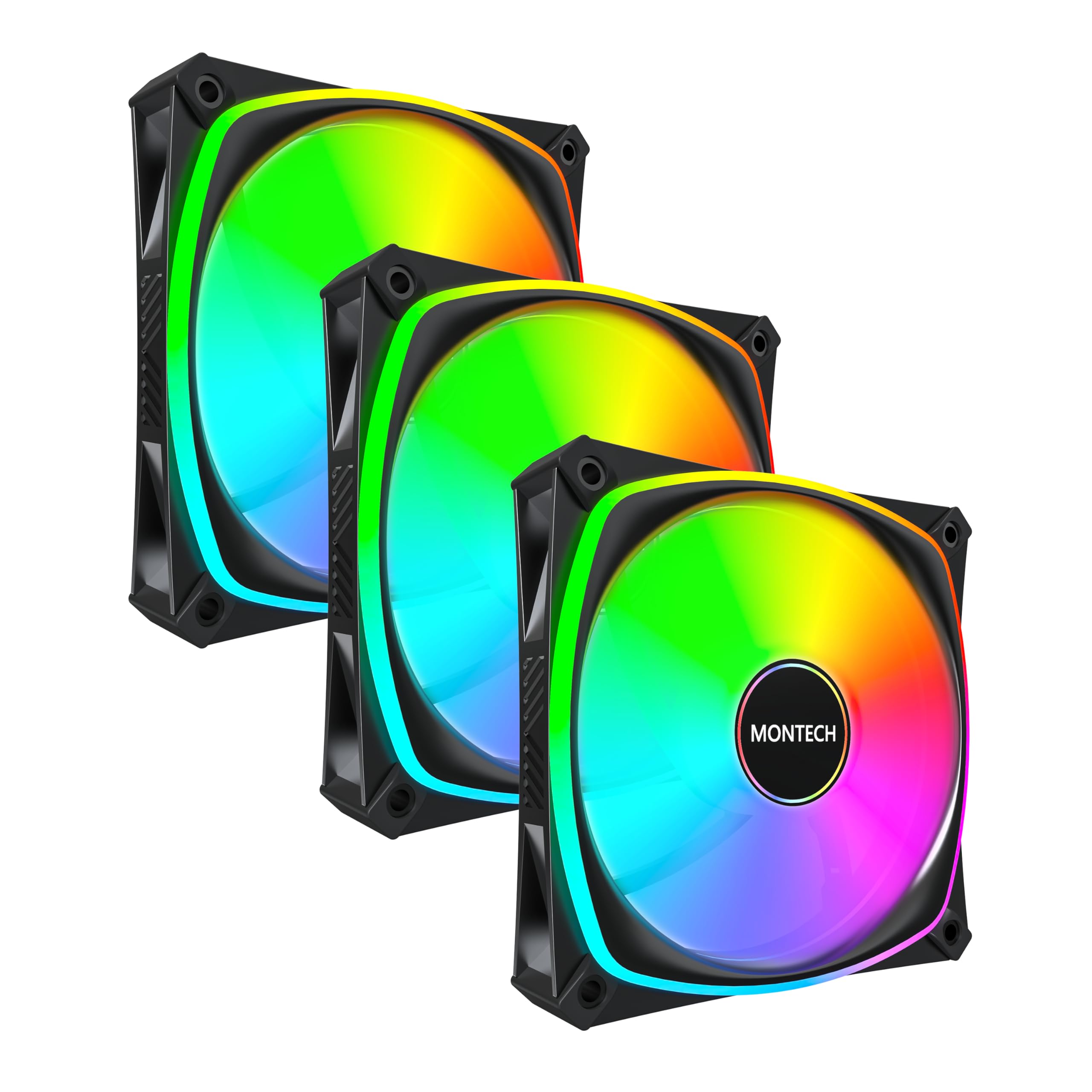 MONTECH AX120 PRO ARGB PWM 120mm Fan 3-Pack, High-End, 360° ARGB Lighting, Rifle Bearing, Quiet Low-Noise, 600–1600RPM, Fan Hub Included, Black