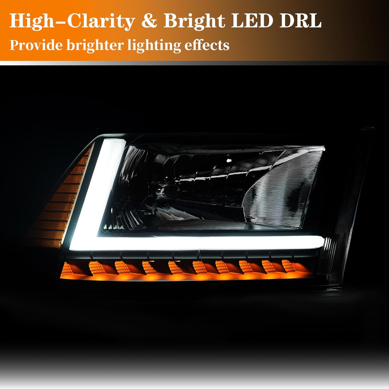 led drl headlight assembly, compatible with 2009-2018 dodge ram 1500/2010-2018 ram 2500 3500 4500 5500(only fit factory dual beam halogen headlights) black housing amber reflector black housing amber reflector(led+drl) 2009-2018 dodge ram