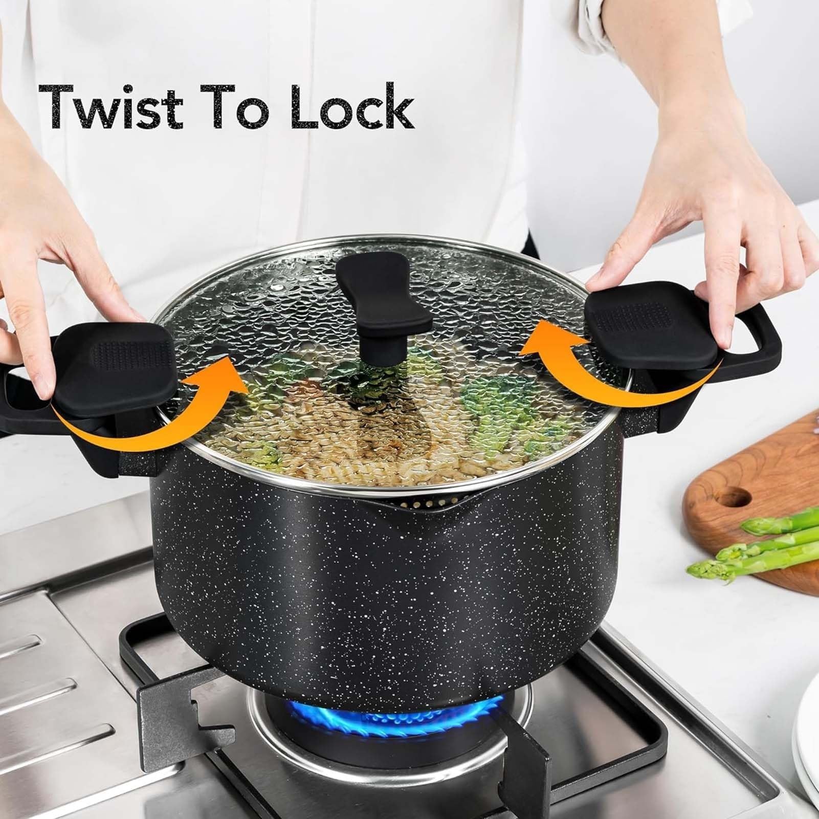 Garnek do makaronu o pojemności 6 litrów z pokrywką-cedzak, garnek do spaghetti kompatybilny z indukcją, garnek do zupy z uchwytami typu twist and lock, garnek do gotowania z nieprzywierającą pow