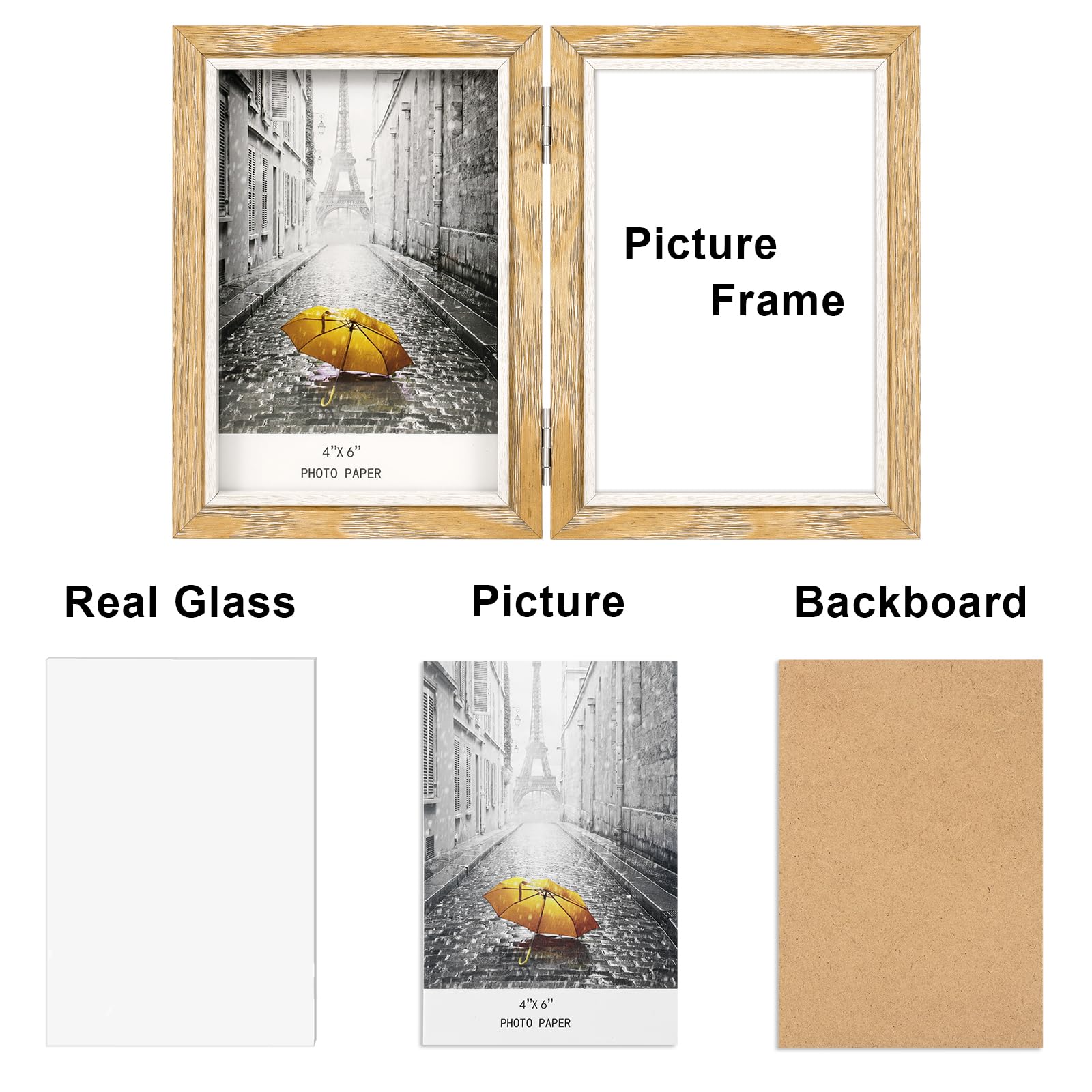 Cornice portafoto doppia in legno pieghevole con vetro, supporto da scrivania per 2 foto, perfetta per famiglia, regali di nozze, venature del legno