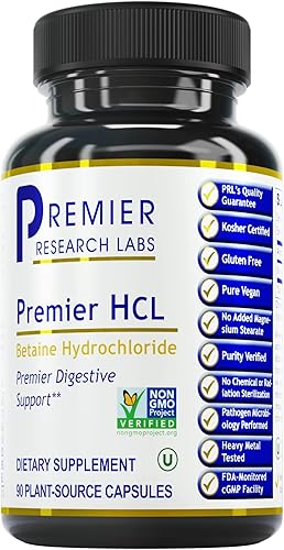 Premier Research Labs HCL - Suplemento de ácido de clorhidrato de betaína - Apoya la digestión - Vegano, sin gluten, Kosher - 90 cápsulas de origen
