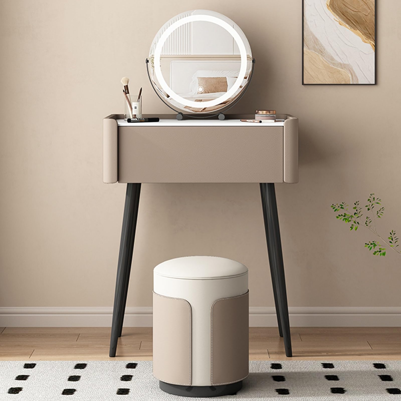 asdchZen Cact 31.5In Makeup Vanity With 360°Rotating Led Mirror Stone Slab Top Microfiber Leather Sleek Dressing Table For Bedroom Sturdy Metal Legs