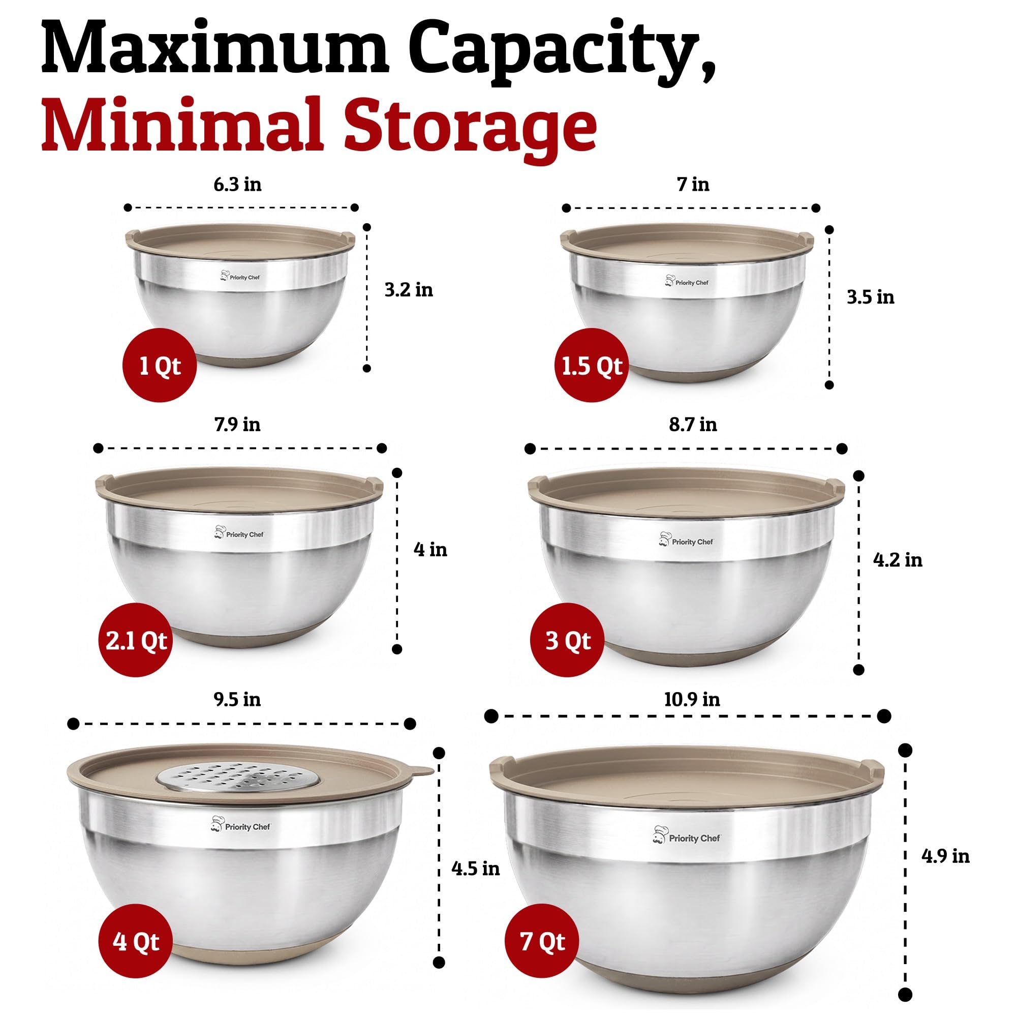 Priority Chef Edelstahl-Rührschüsseln mit Deckel, Premium, 30-teilig, mit 6-teiligem Metallschüssel-Set für Küche, 3 Reiben, luftdichte Deckel, rutschfeste Böden und Silikon-Utensilien, Khaki