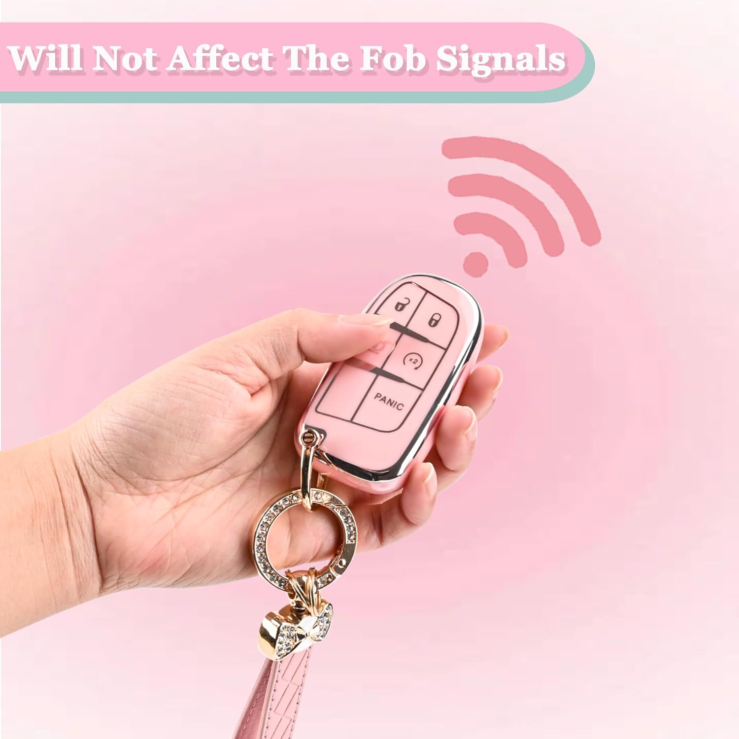 for Dodge Challenger Key Fob Cover - 3 4 5 Buttons Soft TPU Key Fob Case for Durango Charger Jeep Grand Cherokee Renegade Compass Comander Full Protection Car Key Cover with Bling Keychain （Pink）