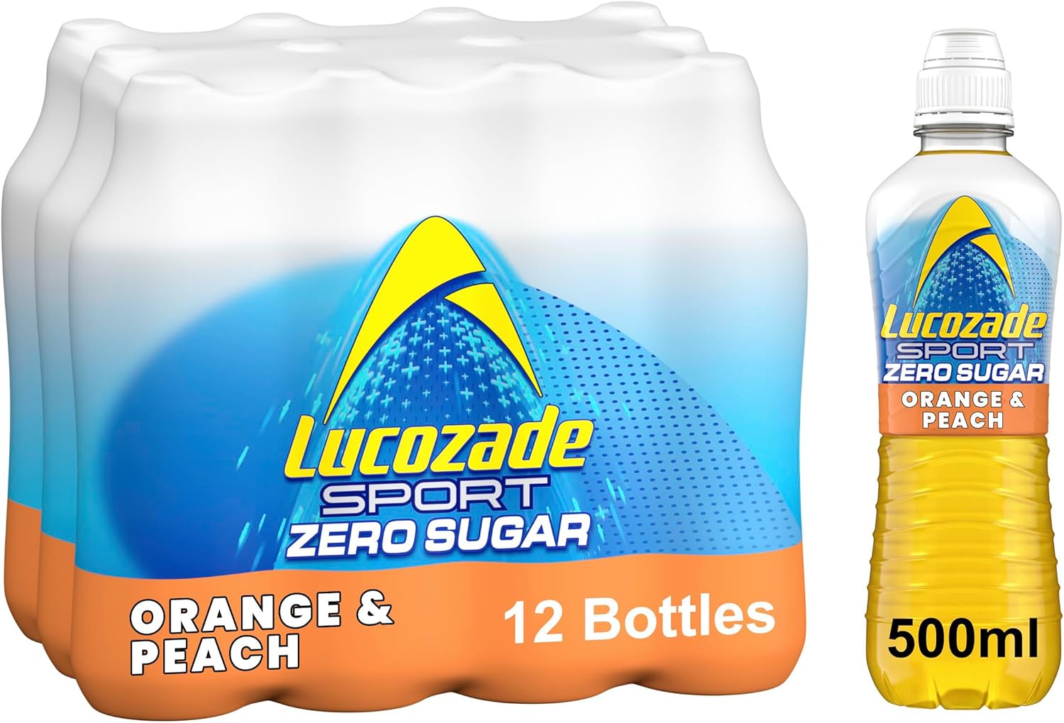 Lucozade Sport Zero Sugar – Orange & Peach 12x500ml | Sugar Free Sports Drink, with Vitamin B3 and electrolyte | Zero Sugar | Only 4 calories per serving | Still | Made with Natural Flavours