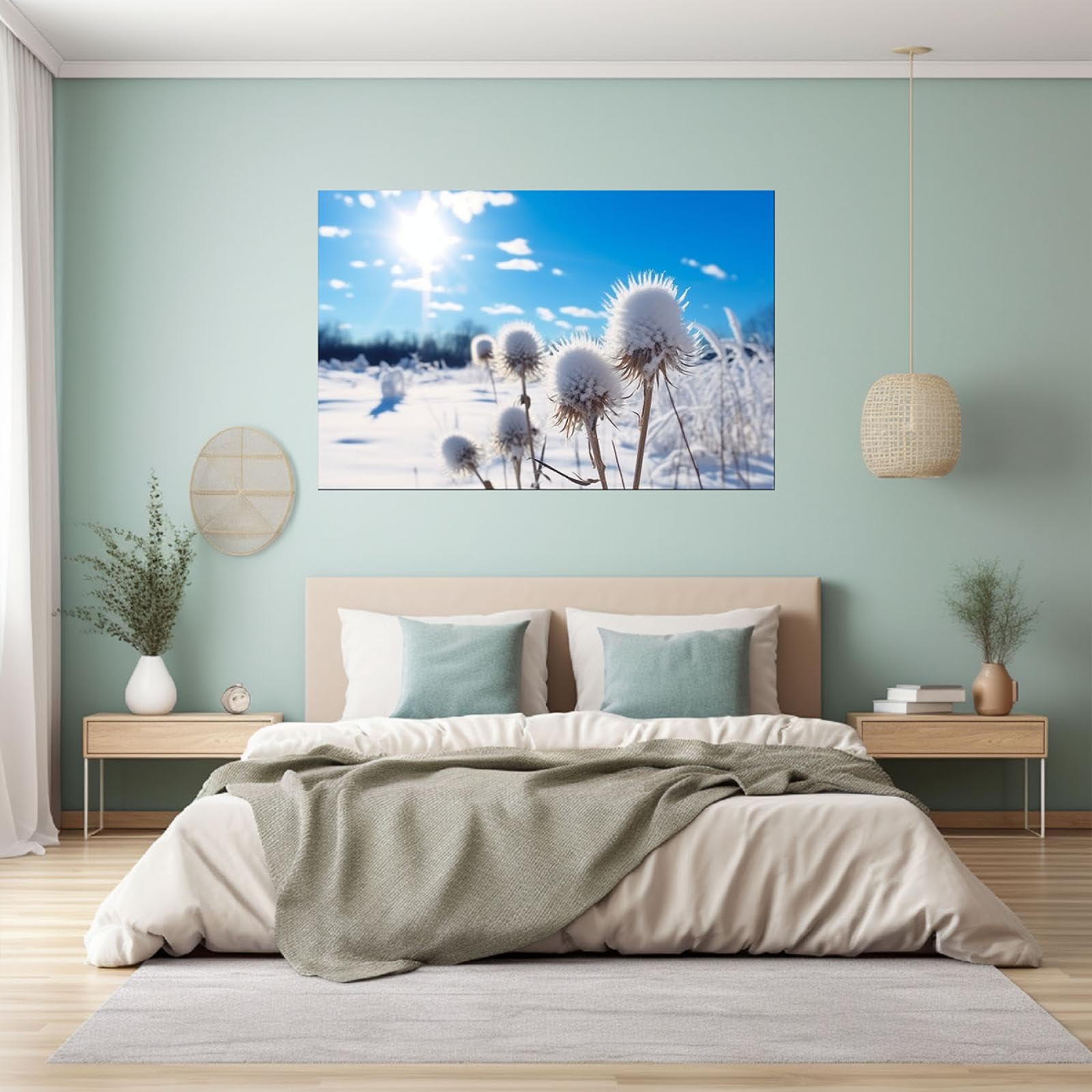 JOSUE Nieve De Invierno Cuadros Y LáMinas Lienzo,sol cielo nieve plantas Azul blanco Cuadro Cartel Sala De Estar Cuarto De BañO Comedor-50x70cm Enmarcado