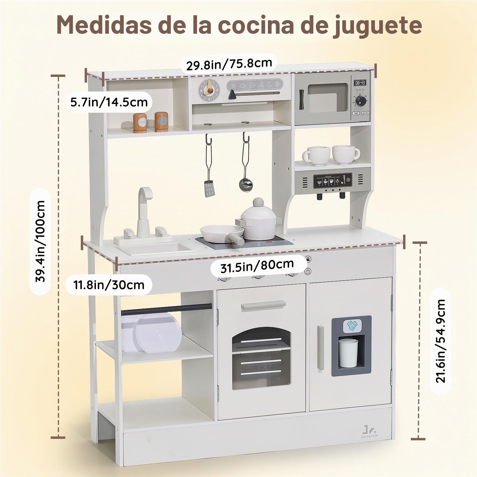 SainSmart Jr. Cocinita de madera para niños, color crema – con luz y sonido, dispensador de hielo, microondas, horno y fregadero, gran cocina infantil con accesorios, juego de rol a partir de 3 años