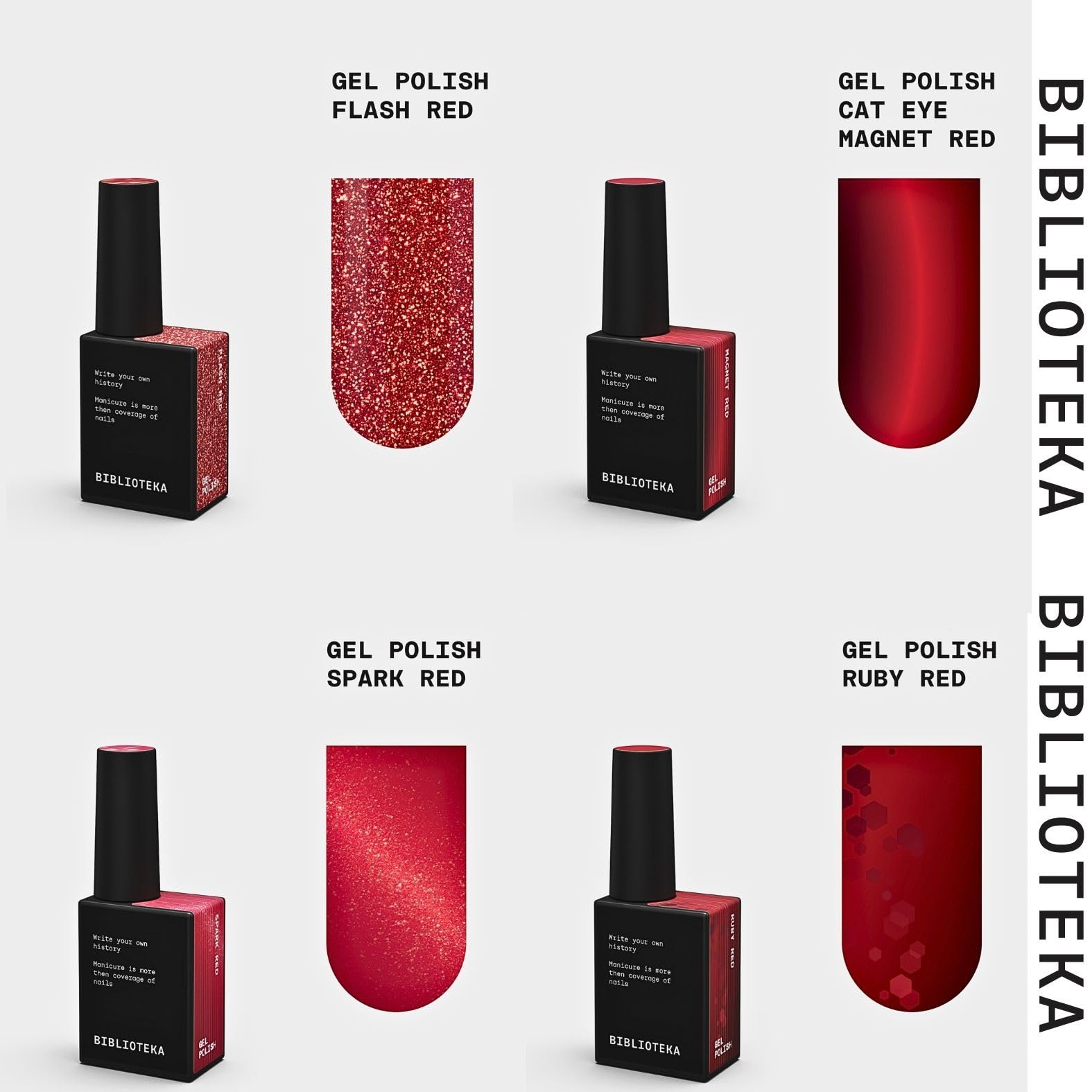 BIBLIOTEKA Red Code Collection Set mit 8 Stück à 10 ml, 5 semi-permanenter Nagellack, Rottöne, Glitter, Katzenauge und reflektierend, Base Cover, Builder Gel und Top Cover, hochpigmentiert.