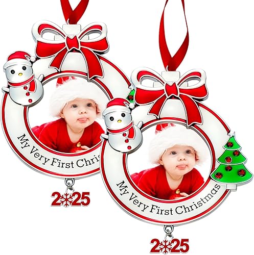 Miniatura 14 de Yookeer Primer adorno de fotos de Navidad del bebé 2025, marco de fotos de Navidad para el primer recuerdo del bebé recién nacido (1 pieza, redondo)