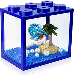 Tsxurepaw Aquário Pequeno Para Peixes Betta, Kit De Mini Empilhável Com Decoração Cascalho E Pérolas, Tigela 3/5 Galões, Cubo Minúsculo Bolas Algas Marinhas, Macacos Marinhos, Azul