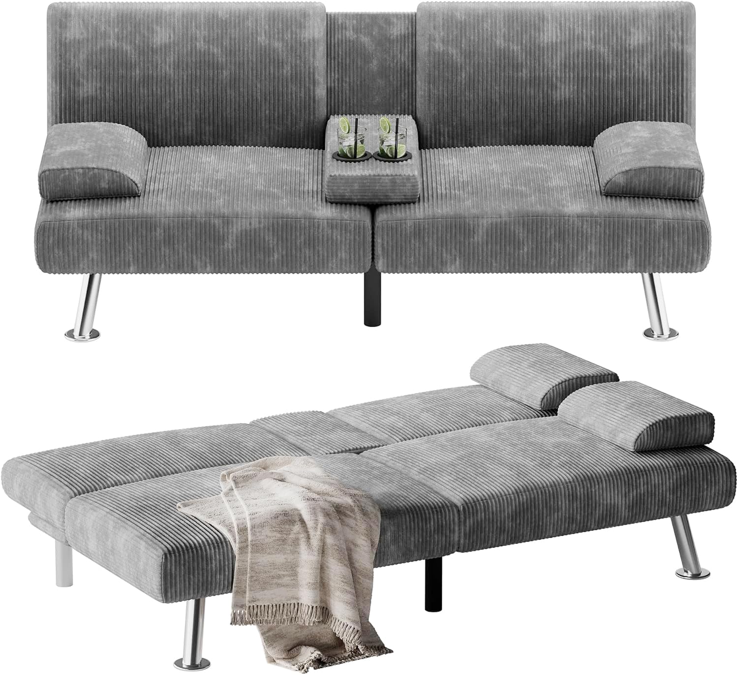 Flamaker Futon Sofa Bed Modern Folding Futon Set Convertible Recliner Lounge for Living Room with 2 Cup Holders, Removable Armrests (Corduroy, Marble