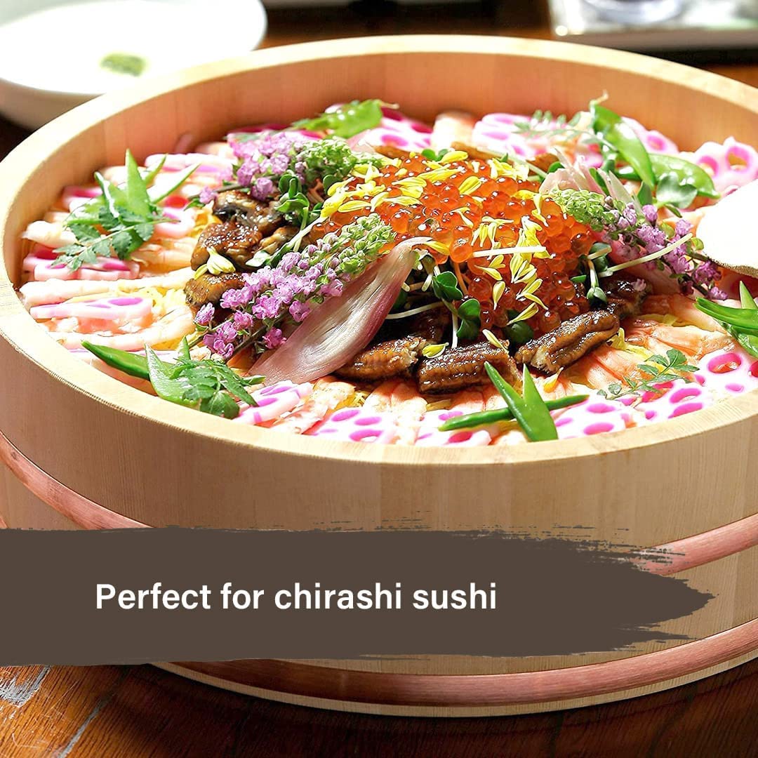 TIKUSAN Wooden Hangiri Sushi Oke Rice Mixing Tub Copper Band Made in Japan Made of Sawara Cypress (33cm), Brown - Image 3