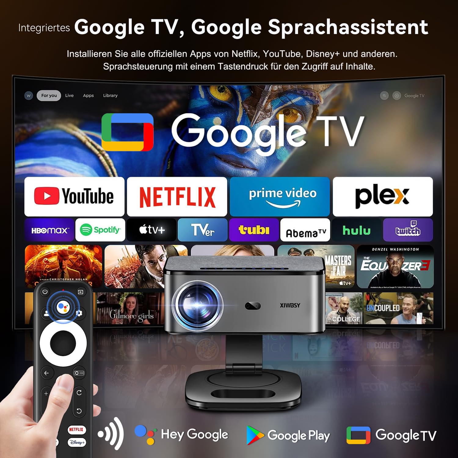 Beamer 4K【1500 ANSI & Google TV/Autofokus】 Full HD 1080P 38000 Lumen XIWBSY Smart Beamer mit WiFi 6, Bluetooth 5, Sprachassistent, Heimkino & Outdoor Projektor