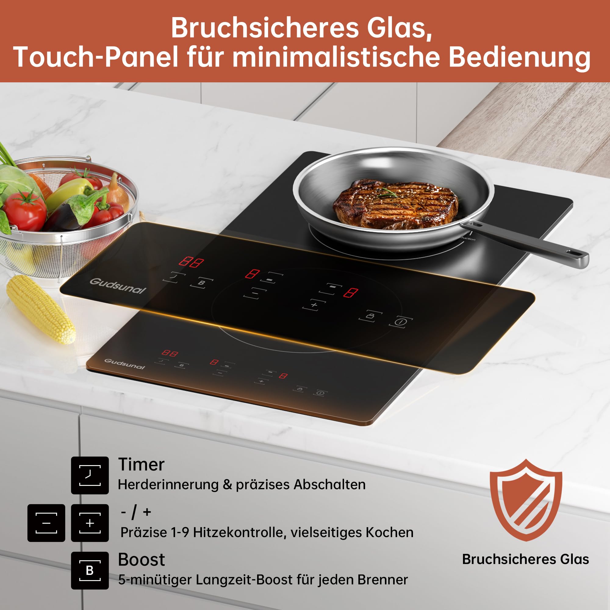 Induktionskochfeld, Kochfeld 2 Platten Einbau, 3600 W, kontinuierliche Niedrigleistungsheizung, Booster, 9 Leistungsstufen, Timer, automatische Abschaltung, Kindersicherung, Topferkennung