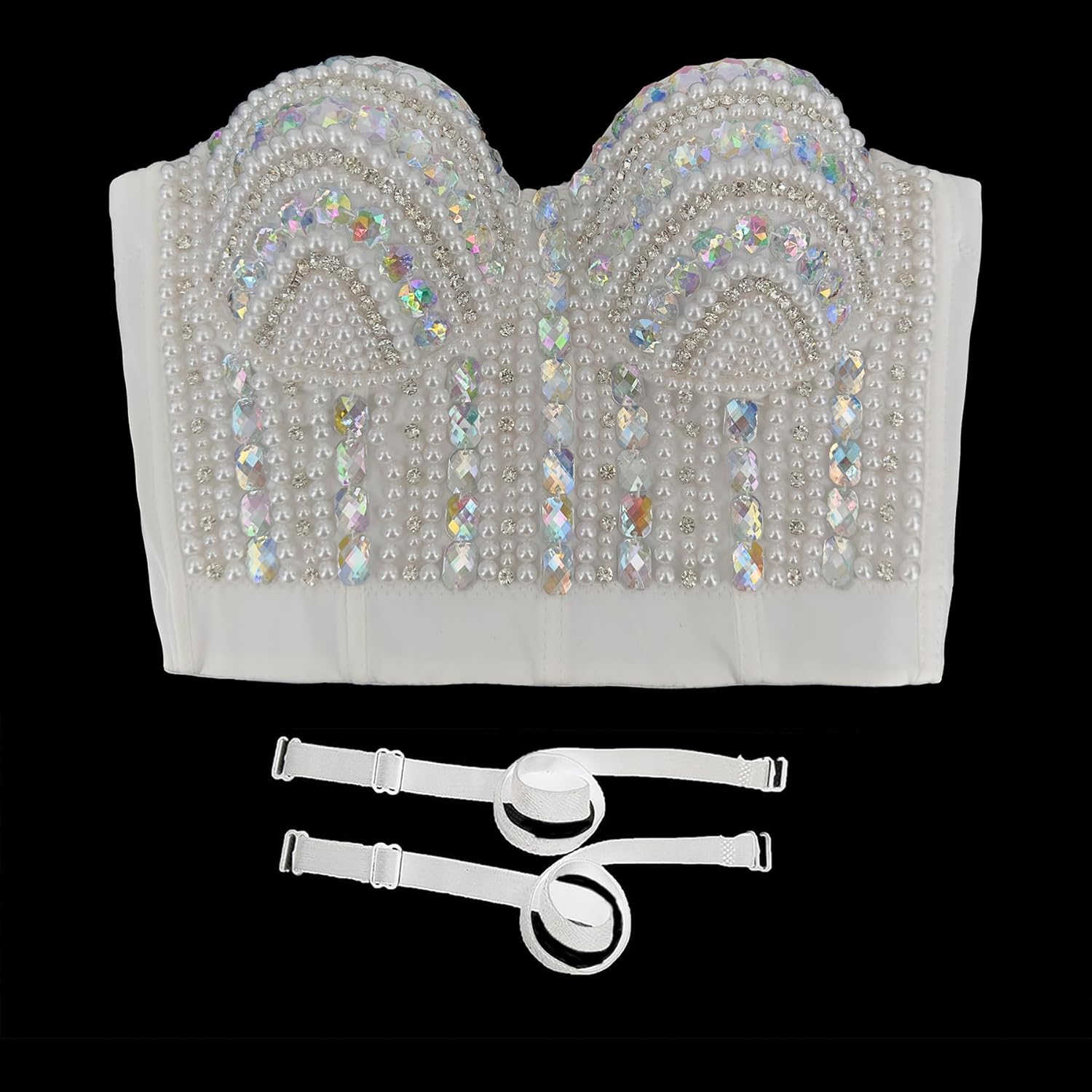 ELLACCI Women's Diamond Pearl Rhinestone Bustier Crop Top Sexy Corset Top Tube White - Image 4